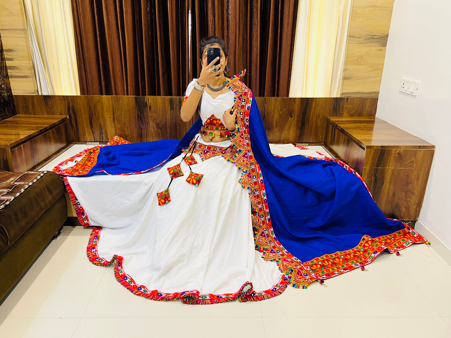 Vibrant White & Blue Navratri Lehenga Choli with Multi-Color Embroidery