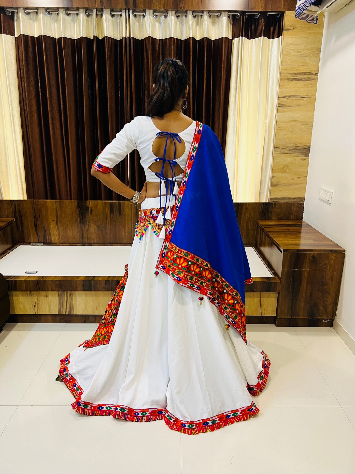 Vibrant White & Blue Navratri Lehenga Choli with Multi-Color Embroidery
