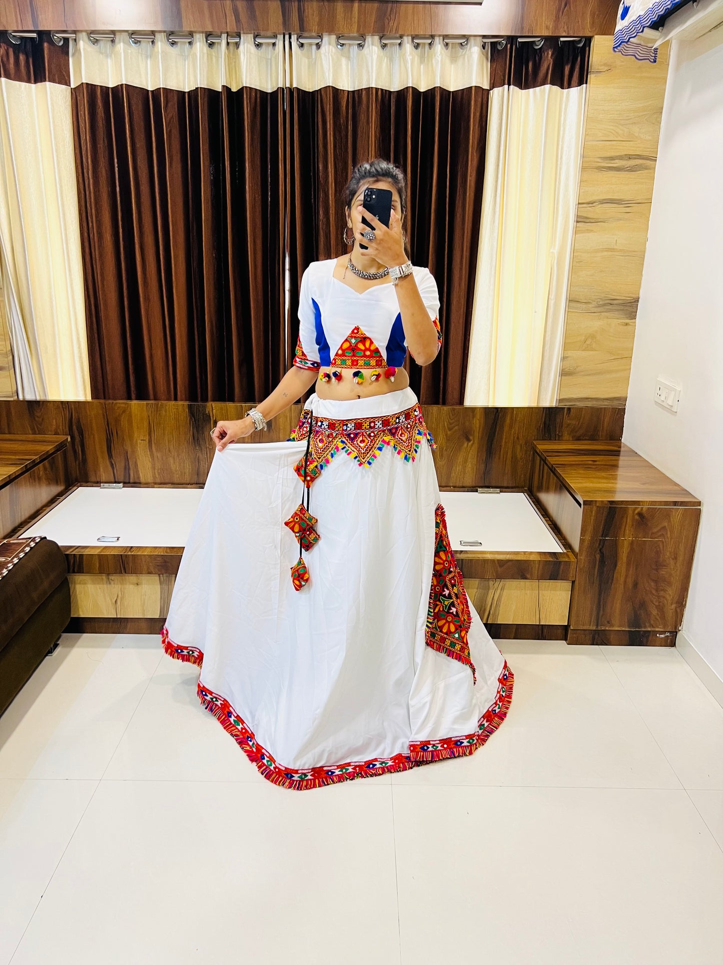 Vibrant White & Blue Navratri Lehenga Choli with Multi-Color Embroidery