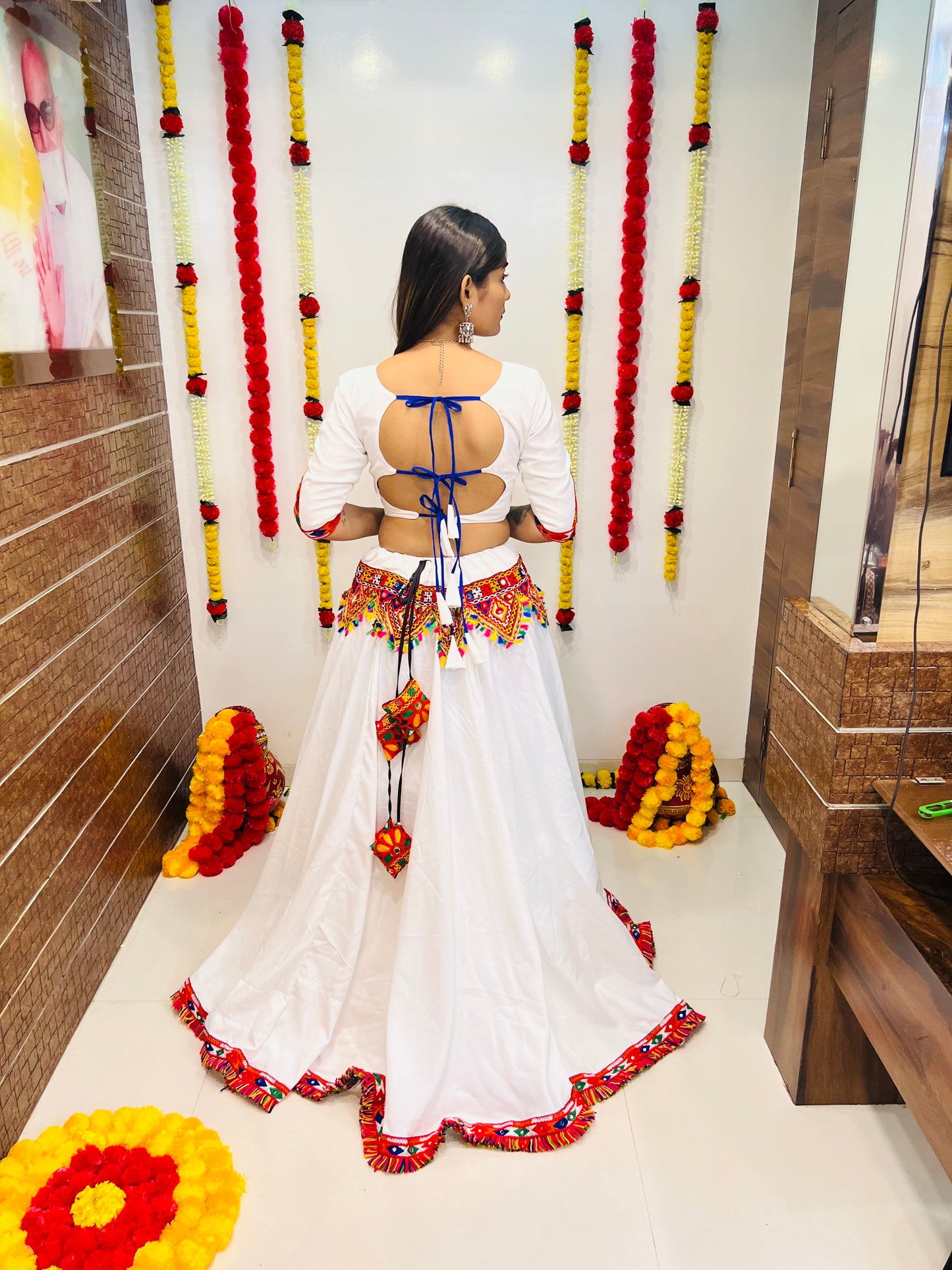 Vibrant White & Blue Navratri Lehenga Choli with Multi-Color Embroidery