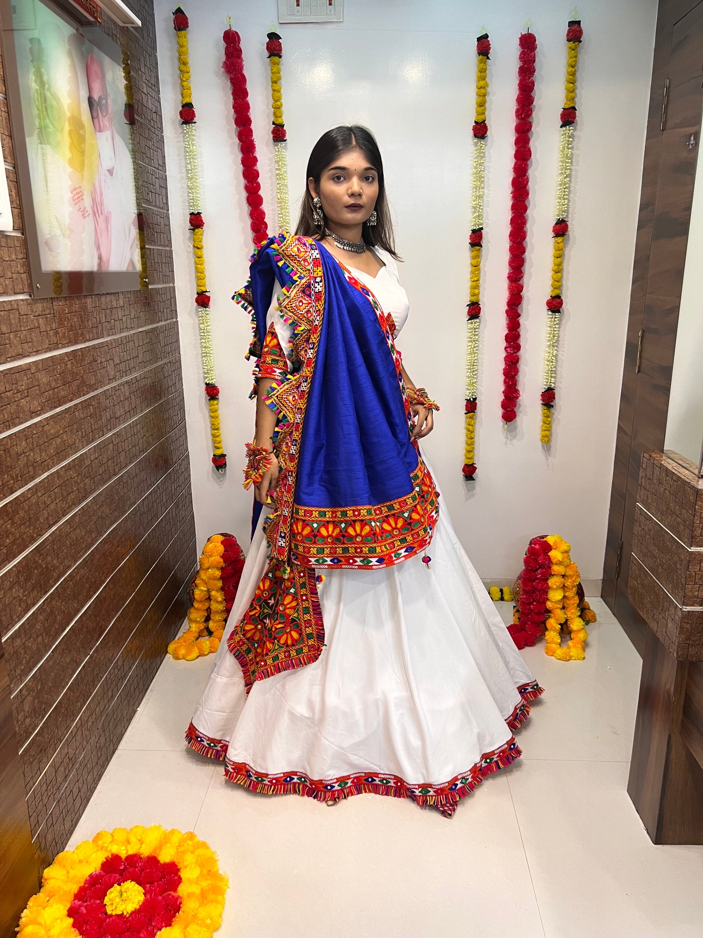 Vibrant White & Blue Navratri Lehenga Choli with Multi-Color Embroidery