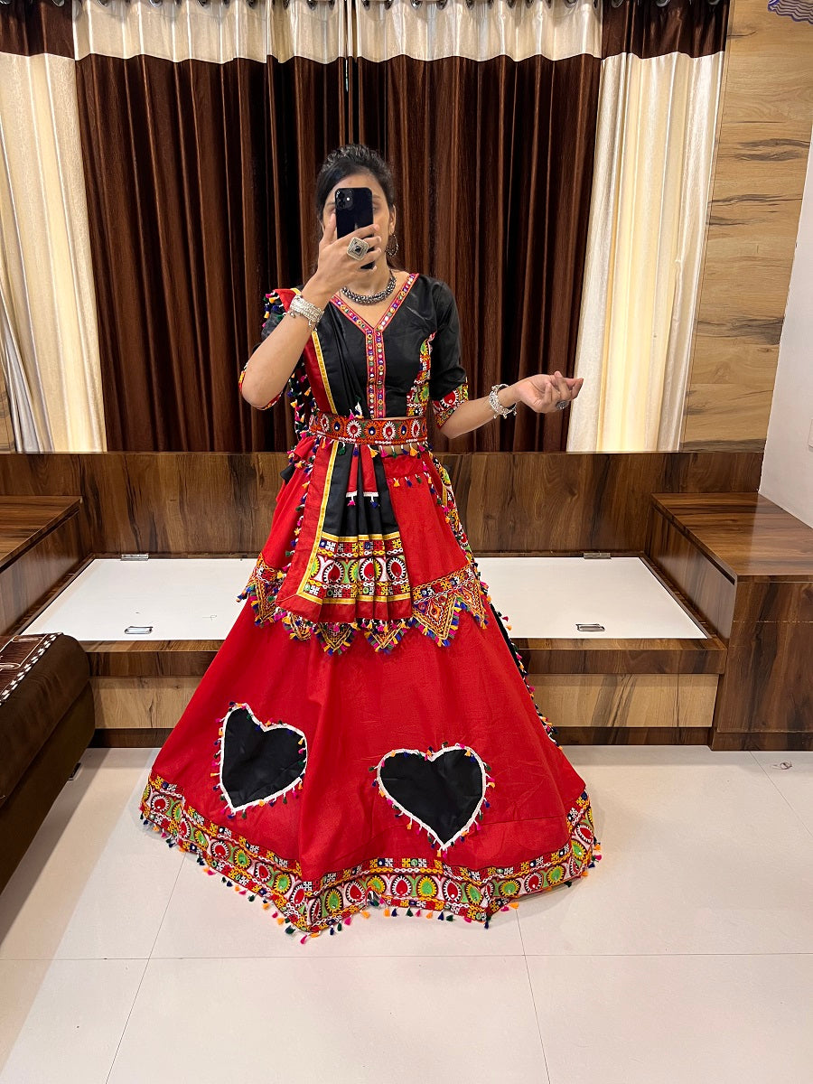 Navratri Special Black & Red Gamthi Mirror Work Chaniya Choli with Heart Motif Design
