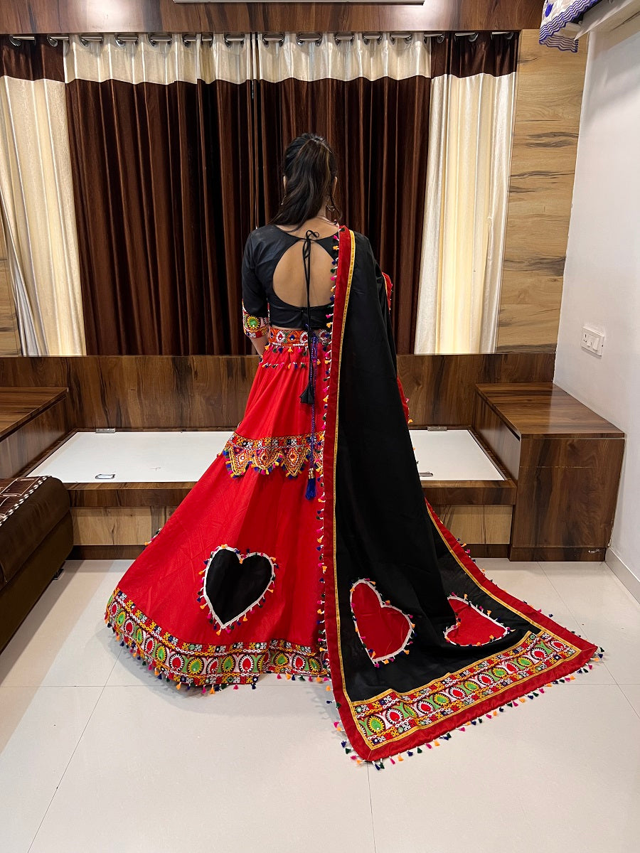 Navratri Special Black & Red Gamthi Mirror Work Chaniya Choli with Heart Motif Design
