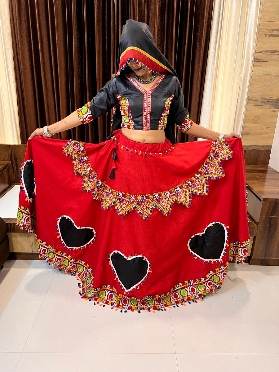 Navratri Special Black & Red Gamthi Mirror Work Chaniya Choli with Heart Motif Design