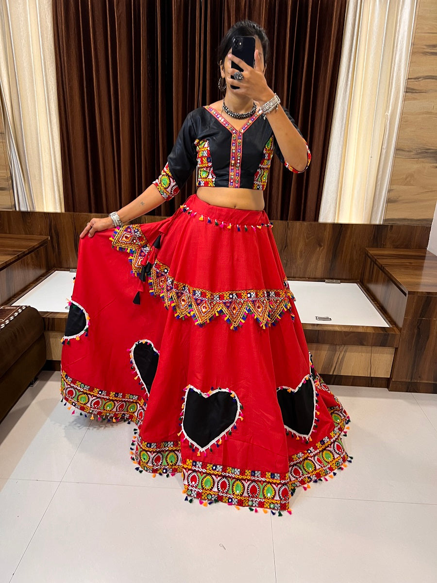 Navratri Special Black & Red Gamthi Mirror Work Chaniya Choli with Heart Motif Design