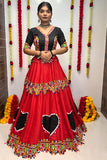 Navratri Special Black & Red Gamthi Mirror Work Chaniya Choli with Heart Motif Design