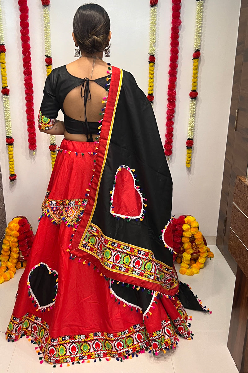 Navratri Special Black & Red Gamthi Mirror Work Chaniya Choli with Heart Motif Design