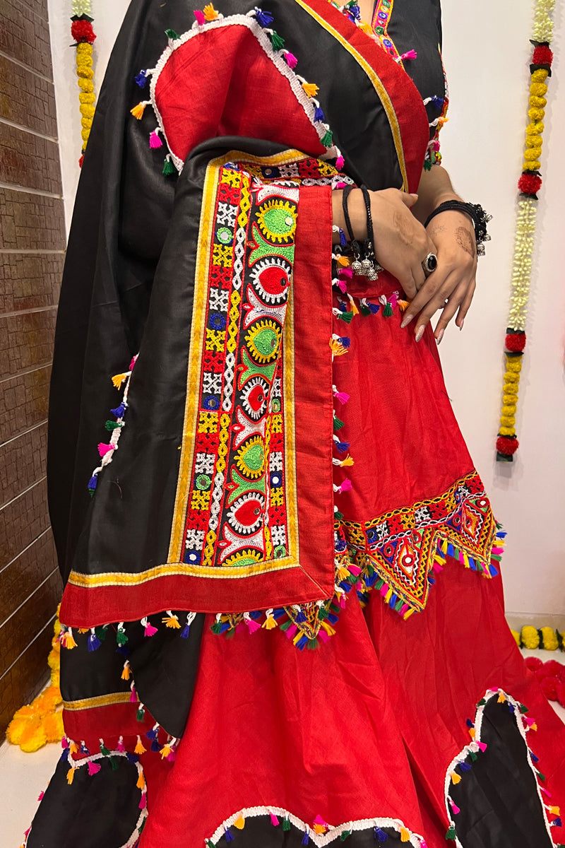 Navratri Special Black & Red Gamthi Mirror Work Chaniya Choli with Heart Motif Design