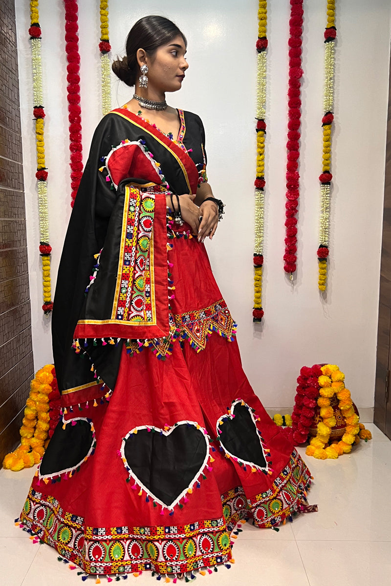 Navratri Special Black & Red Gamthi Mirror Work Chaniya Choli with Heart Motif Design