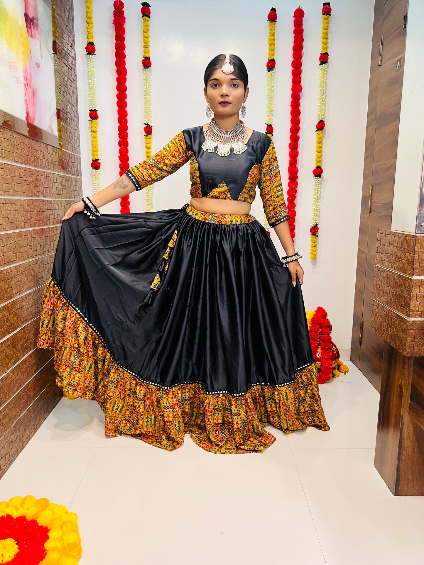 Navratri Special Black & Mustard Printed Chaniya Choli with Mirror Work