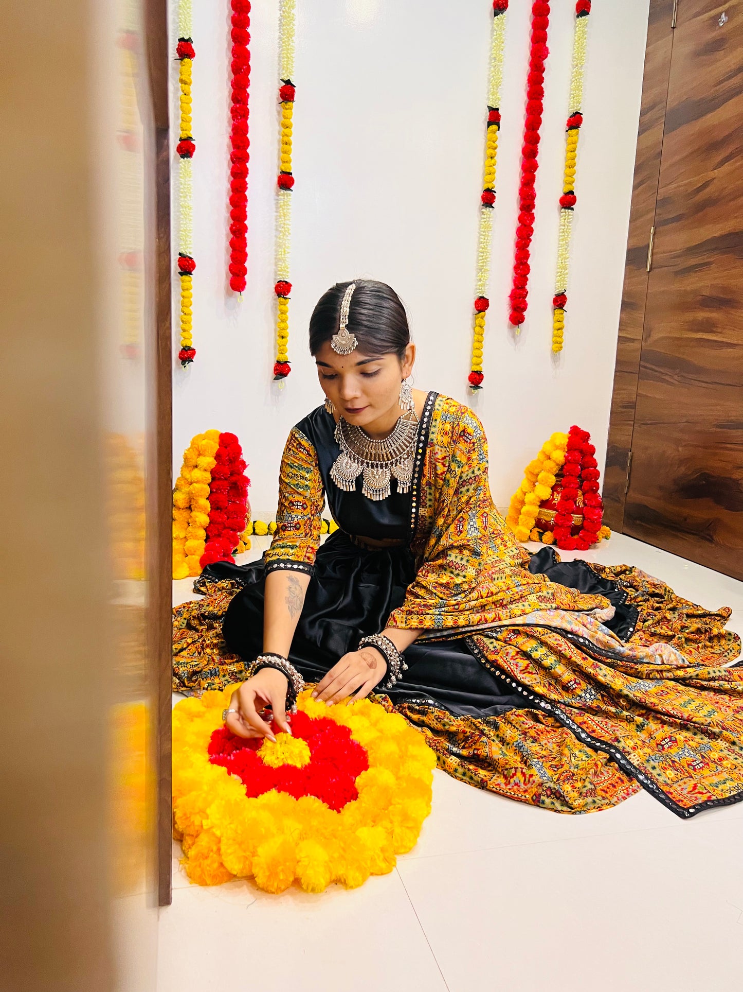 Navratri Special Black & Mustard Printed Chaniya Choli with Mirror Work