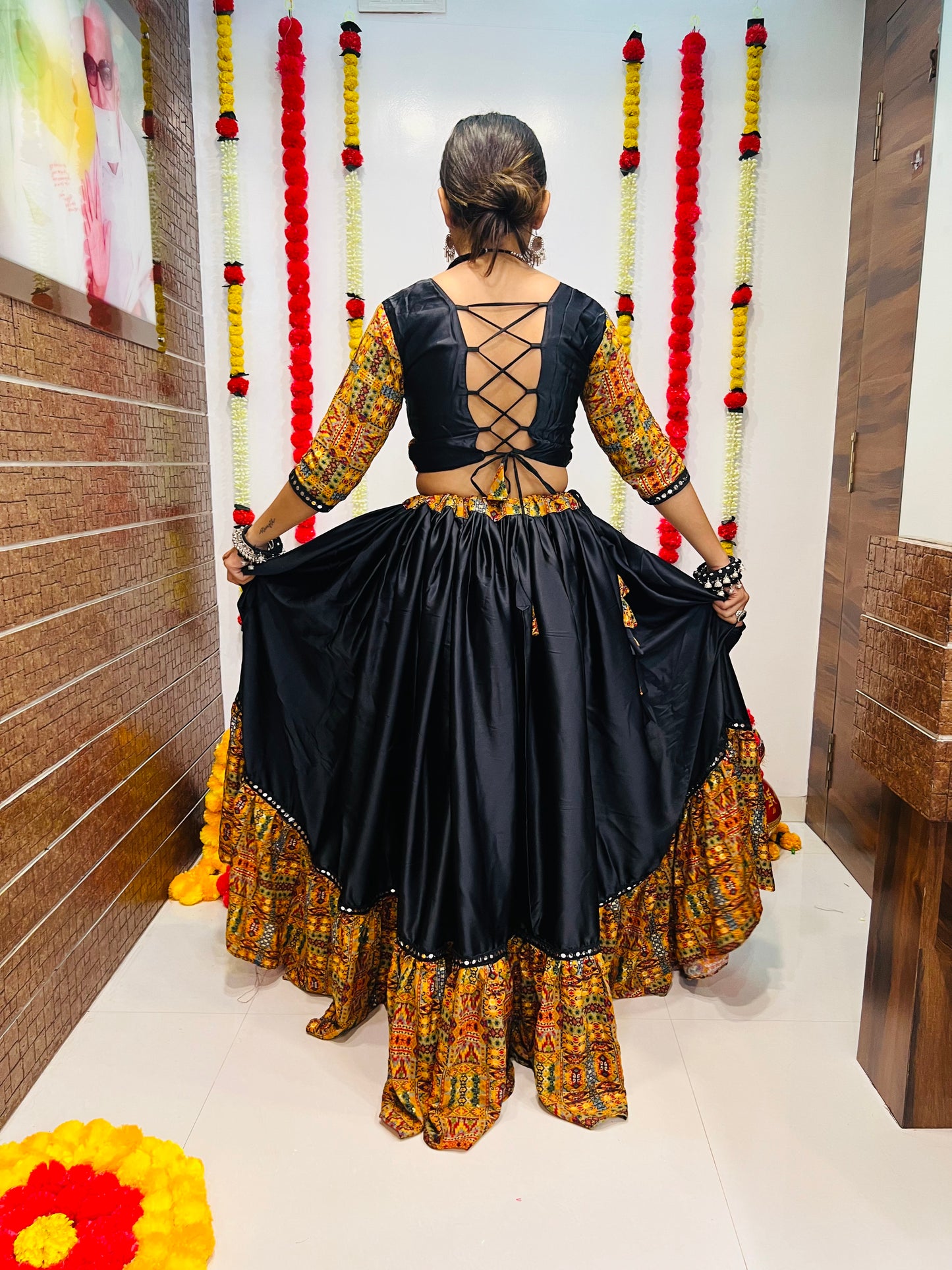 Navratri Special Black & Mustard Printed Chaniya Choli with Mirror Work