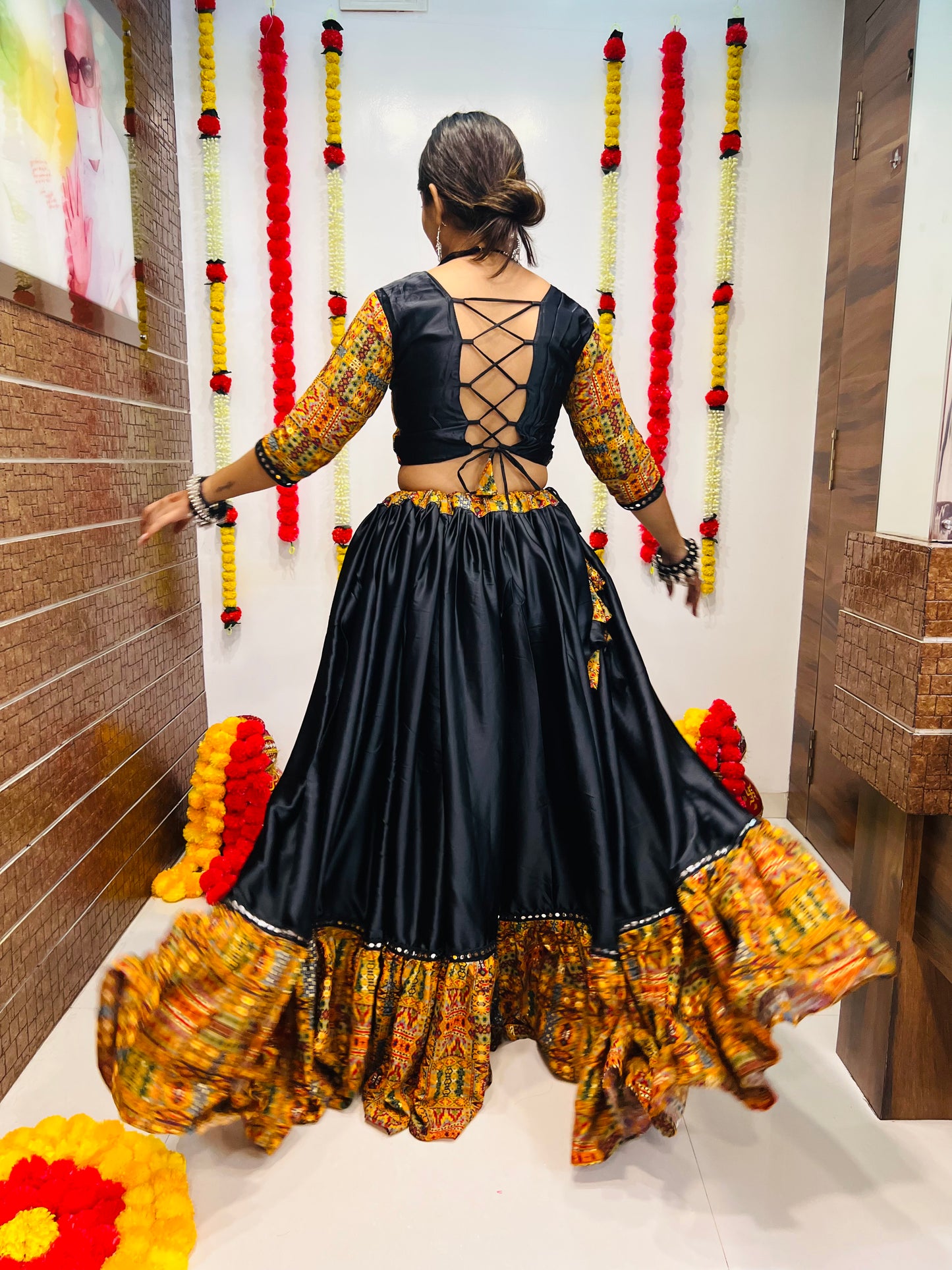 Black Printed Navratri Chaniya Choli with Mirror Lace Work – Premium Silk & Reyon