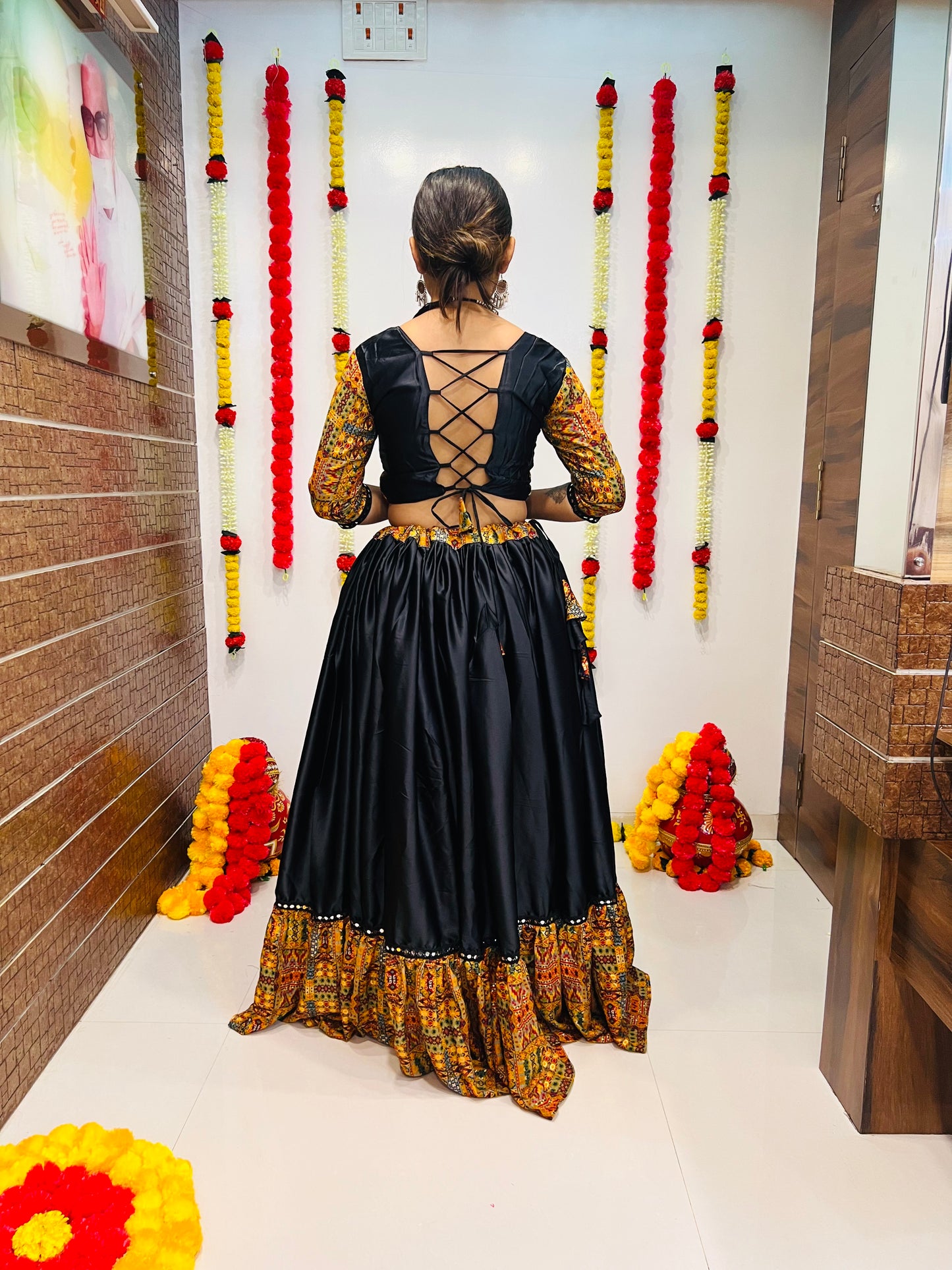 Navratri Special Black & Mustard Printed Chaniya Choli with Mirror Work