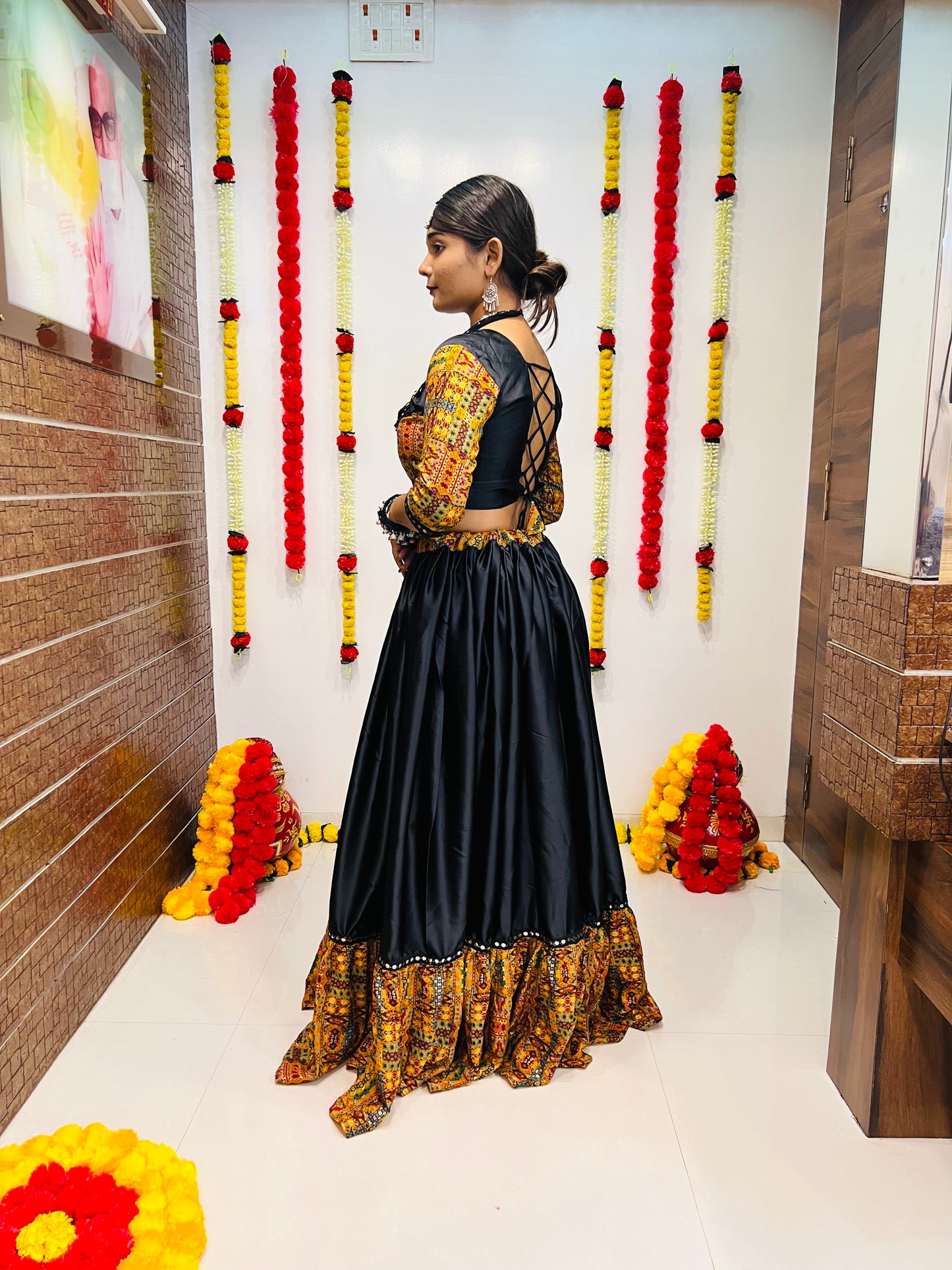 Navratri Special Black & Mustard Printed Chaniya Choli with Mirror Work