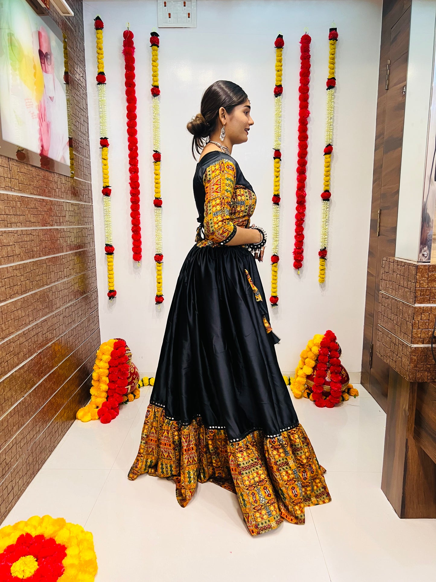 Navratri Special Black & Mustard Printed Chaniya Choli with Mirror Work