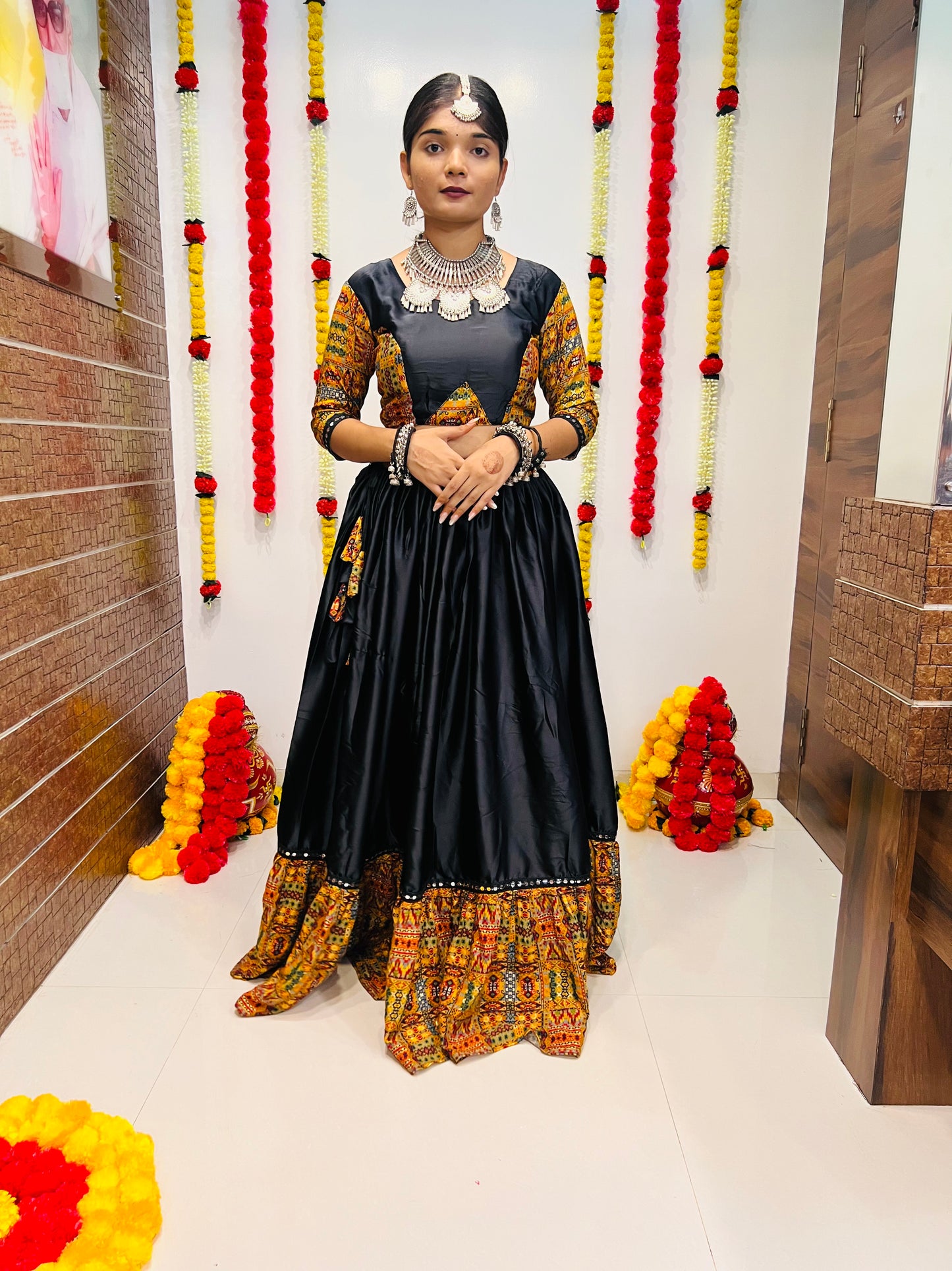 Navratri Special Black & Mustard Printed Chaniya Choli with Mirror Work