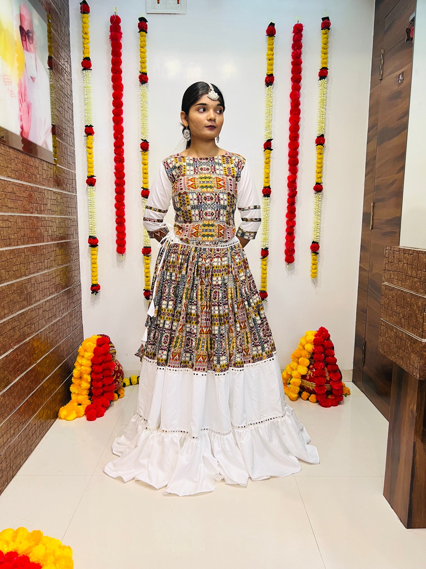 White Printed Silk Navratri Chaniya Choli with Mirror Lace Work – Premium Collection 2025