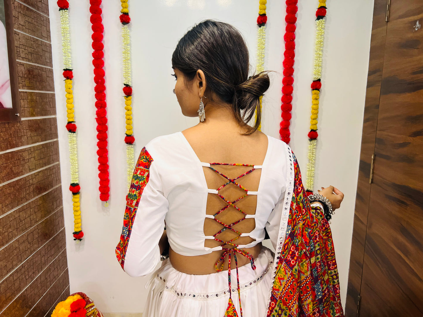 White Printed Navratri Chaniya Choli with Mirror Lace Work
