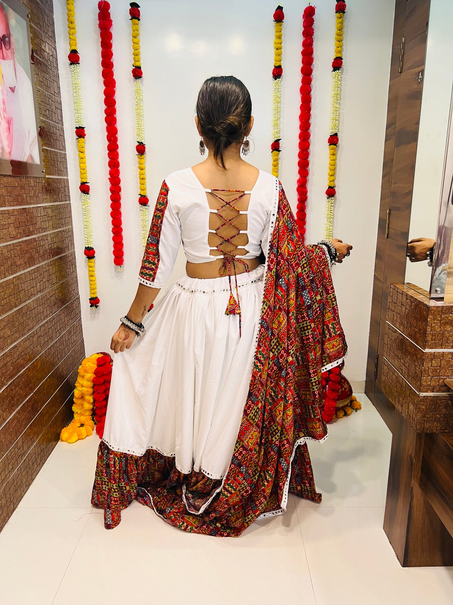 White Printed Navratri Chaniya Choli with Mirror Lace Work