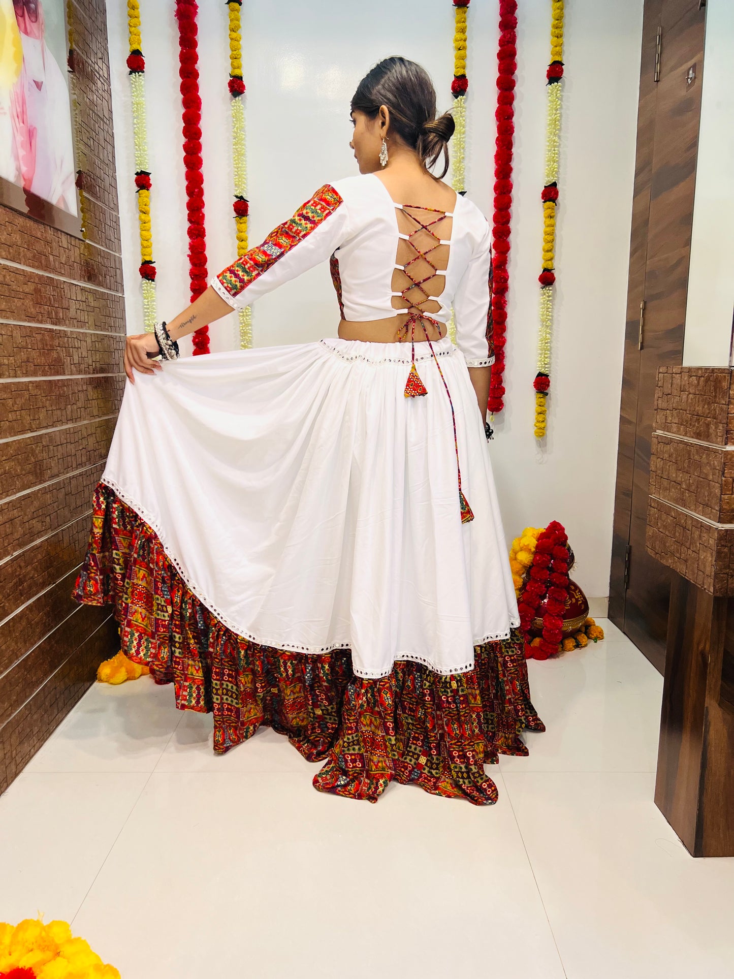 White Printed Navratri Chaniya Choli with Mirror Lace Work