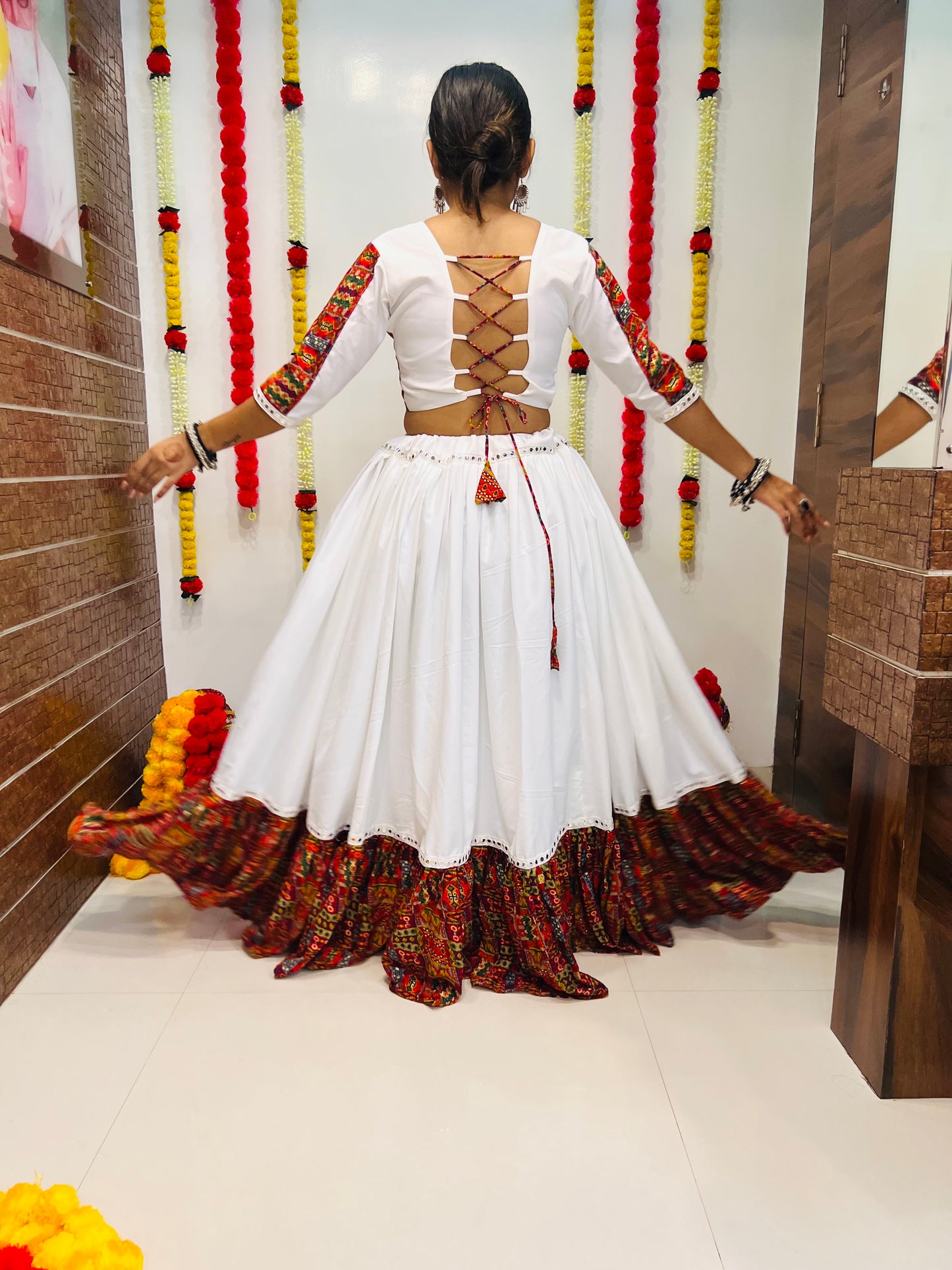 White Printed Navratri Chaniya Choli with Mirror Lace Work