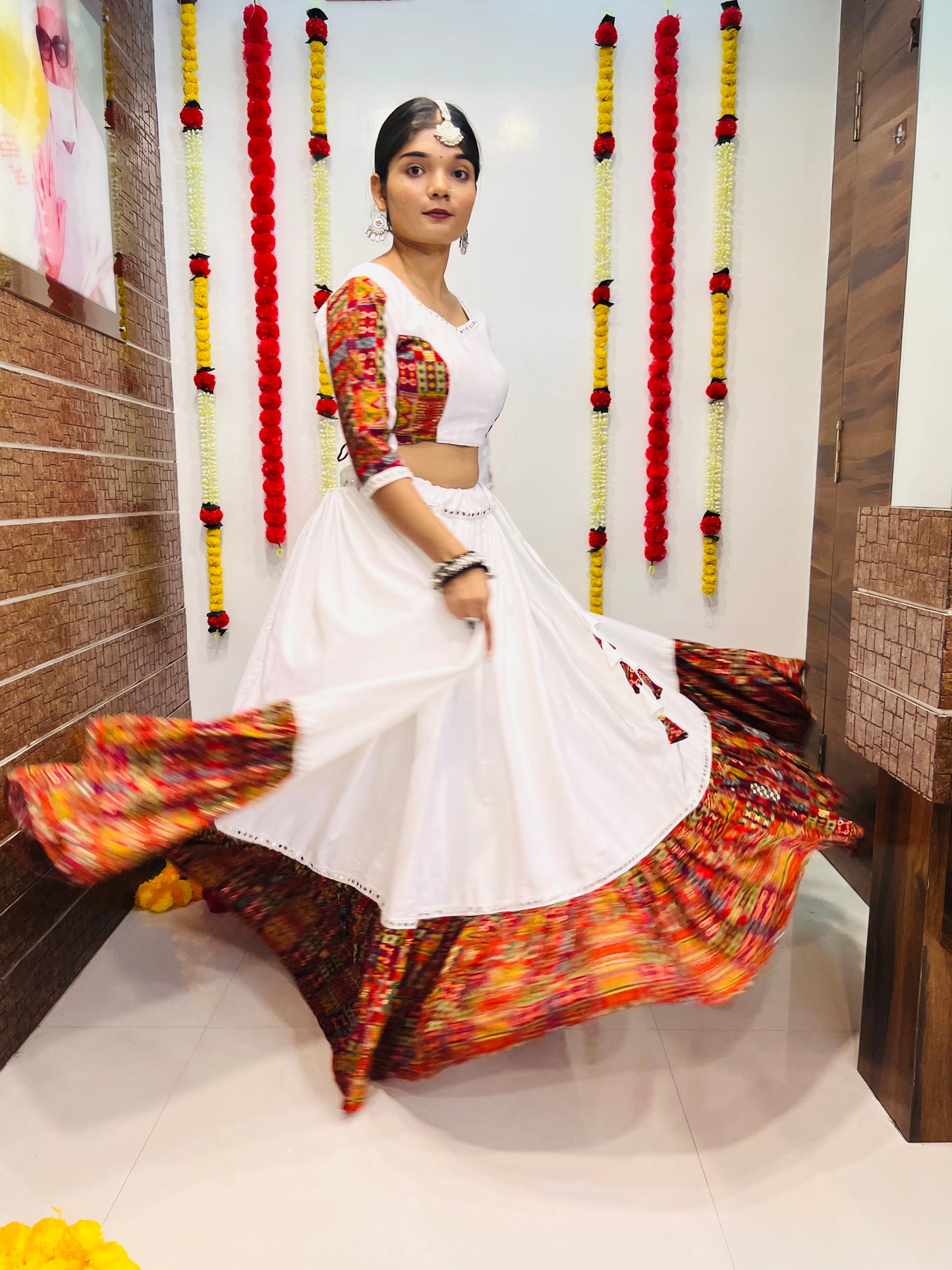 White Printed Navratri Chaniya Choli with Mirror Lace Work