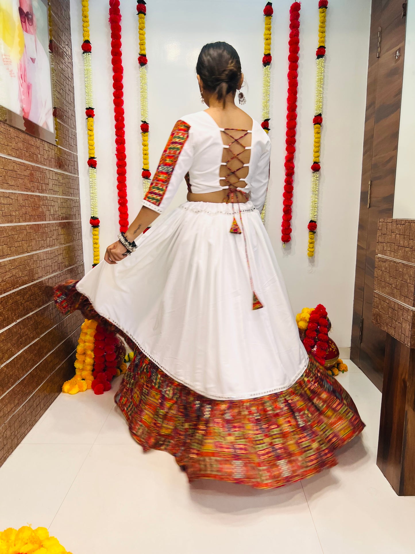 White Printed Navratri Chaniya Choli with Mirror Lace Work
