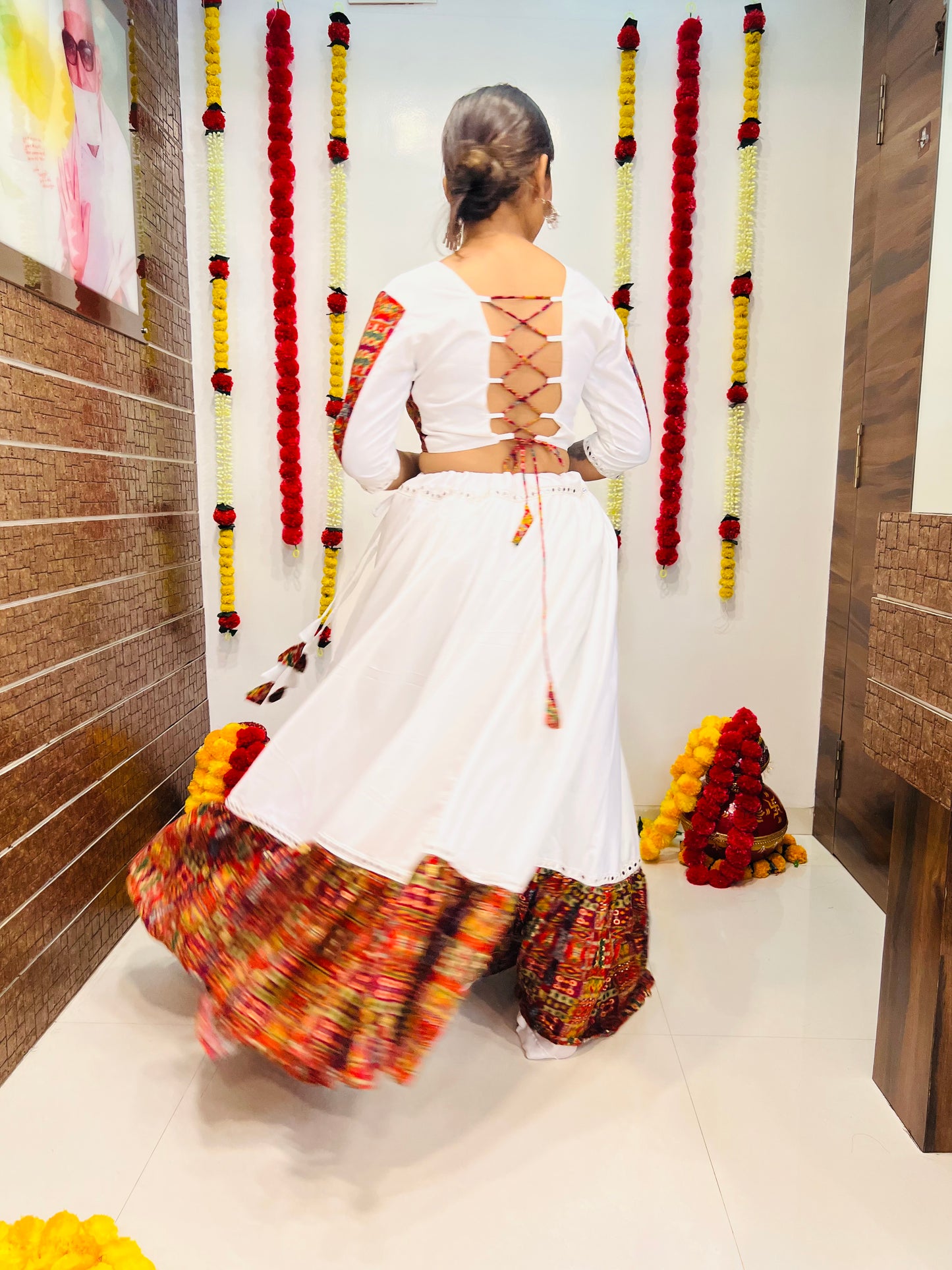White Printed Navratri Chaniya Choli with Mirror Lace Work