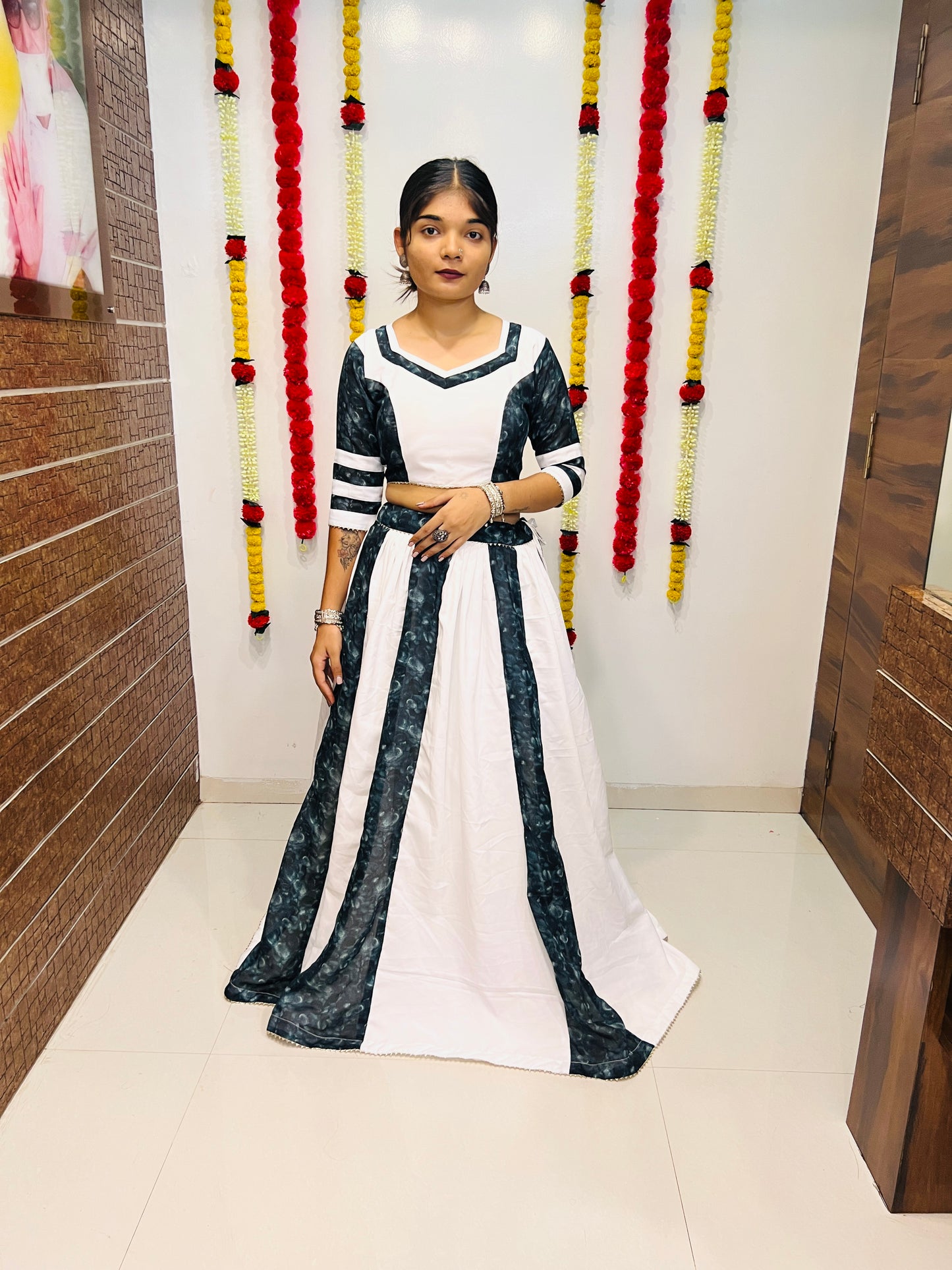 White & Dark Sky Printed Silk Navratri Chaniya Choli with Dupatta – Premium Collection 2025