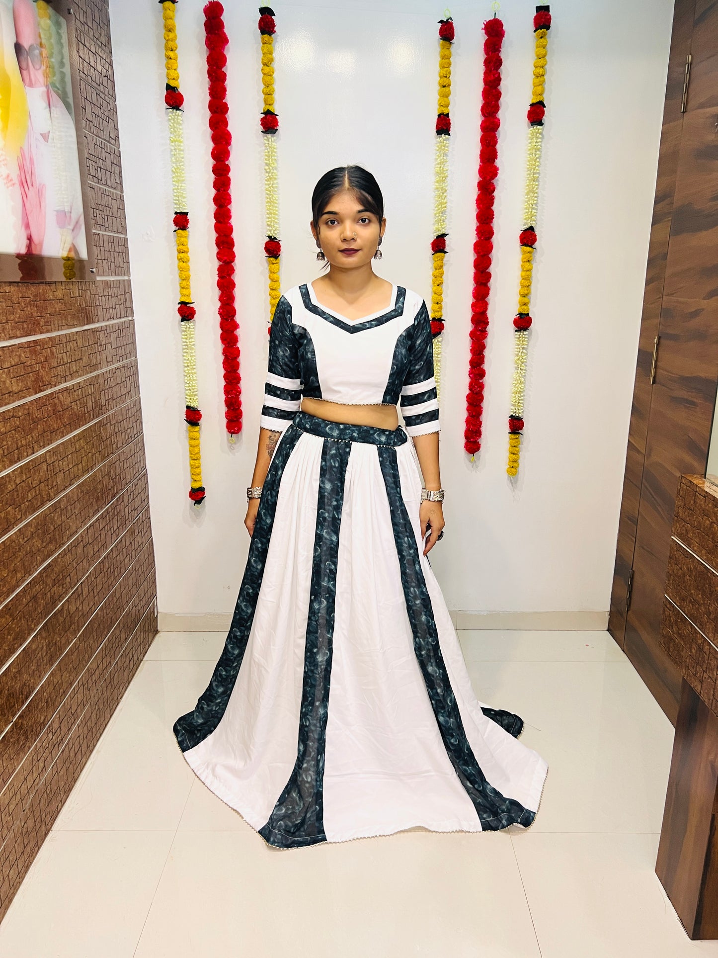 White & Dark Sky Printed Silk Navratri Chaniya Choli with Dupatta – Premium Collection 2025