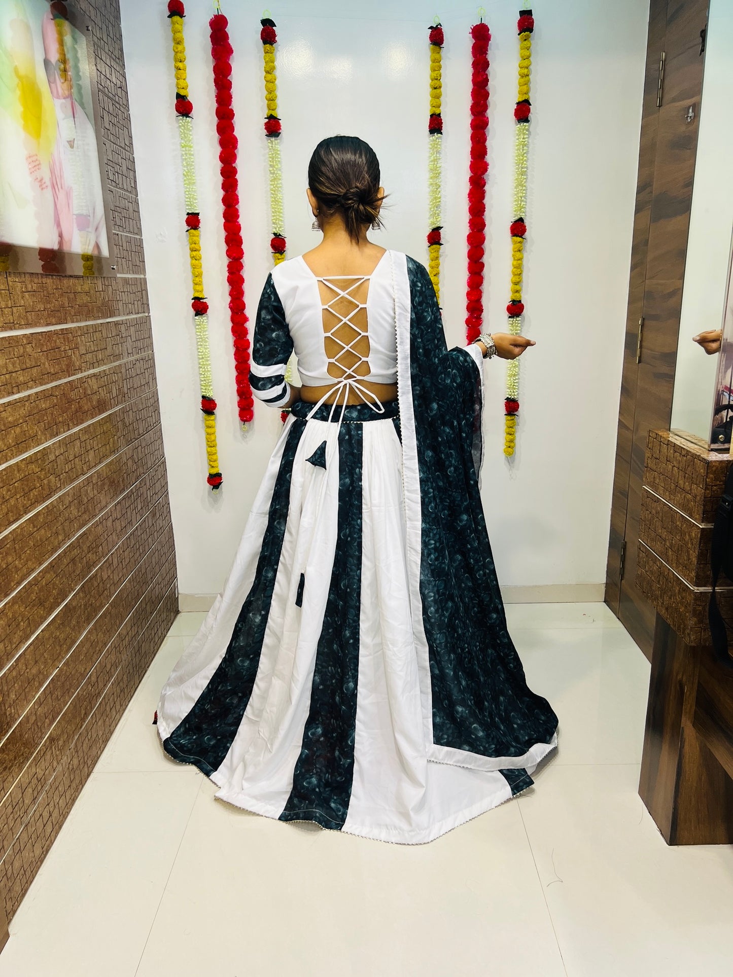 White & Dark Sky Printed Silk Navratri Chaniya Choli with Dupatta – Premium Collection 2025
