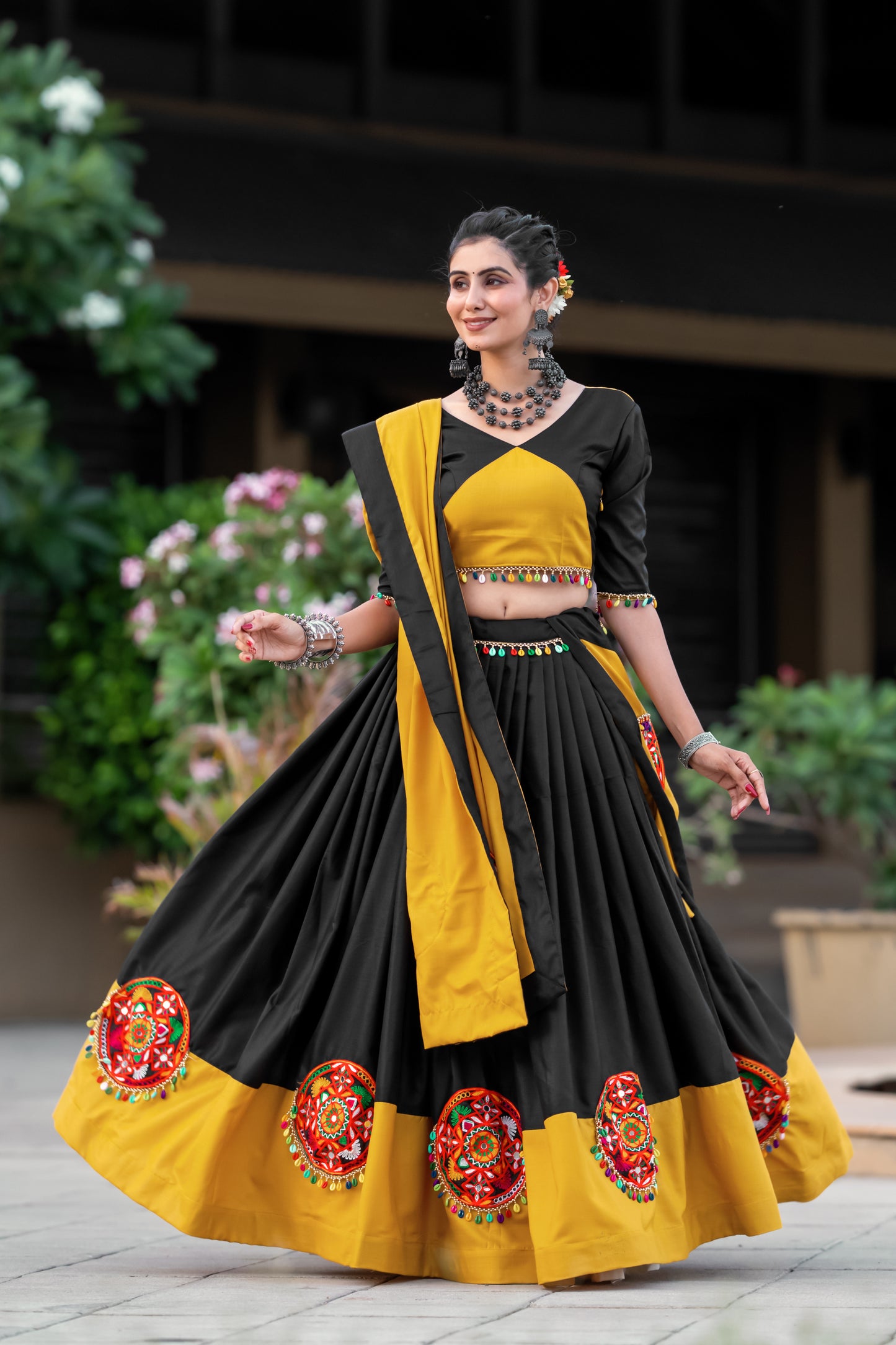 Navratri Special Black & Mustard Yellow Chaniya Choli with Mirror & Gamthi Embroidery
