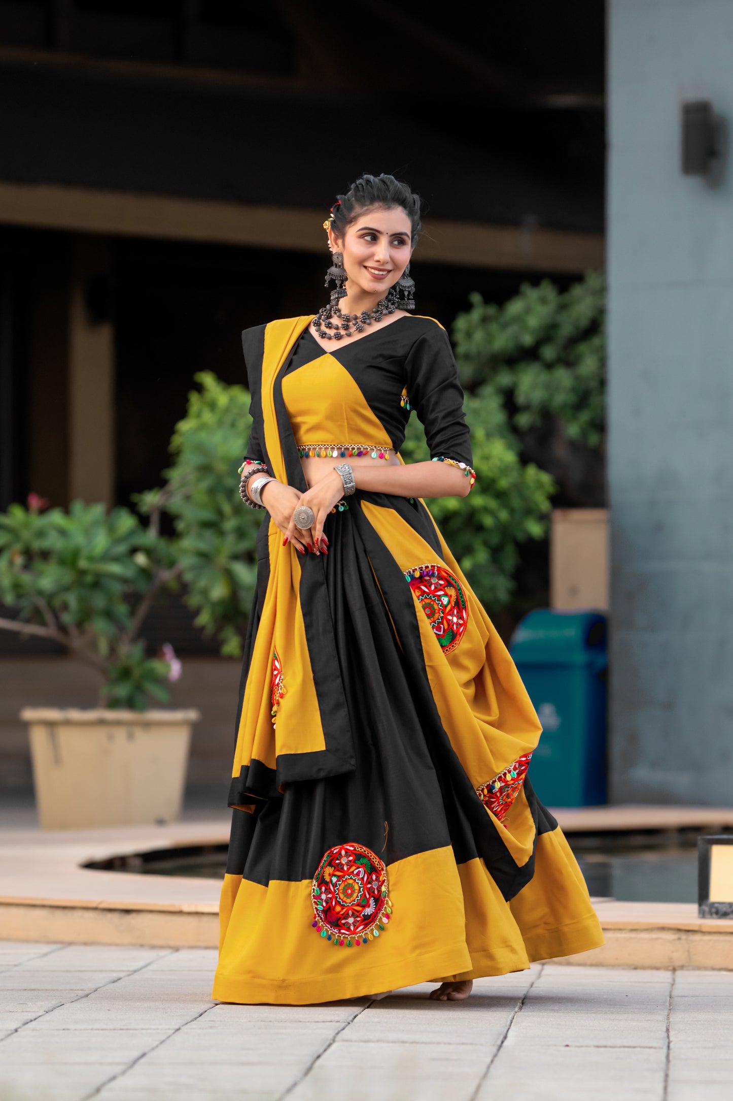 Navratri Special Black & Mustard Yellow Chaniya Choli with Mirror & Gamthi Embroidery