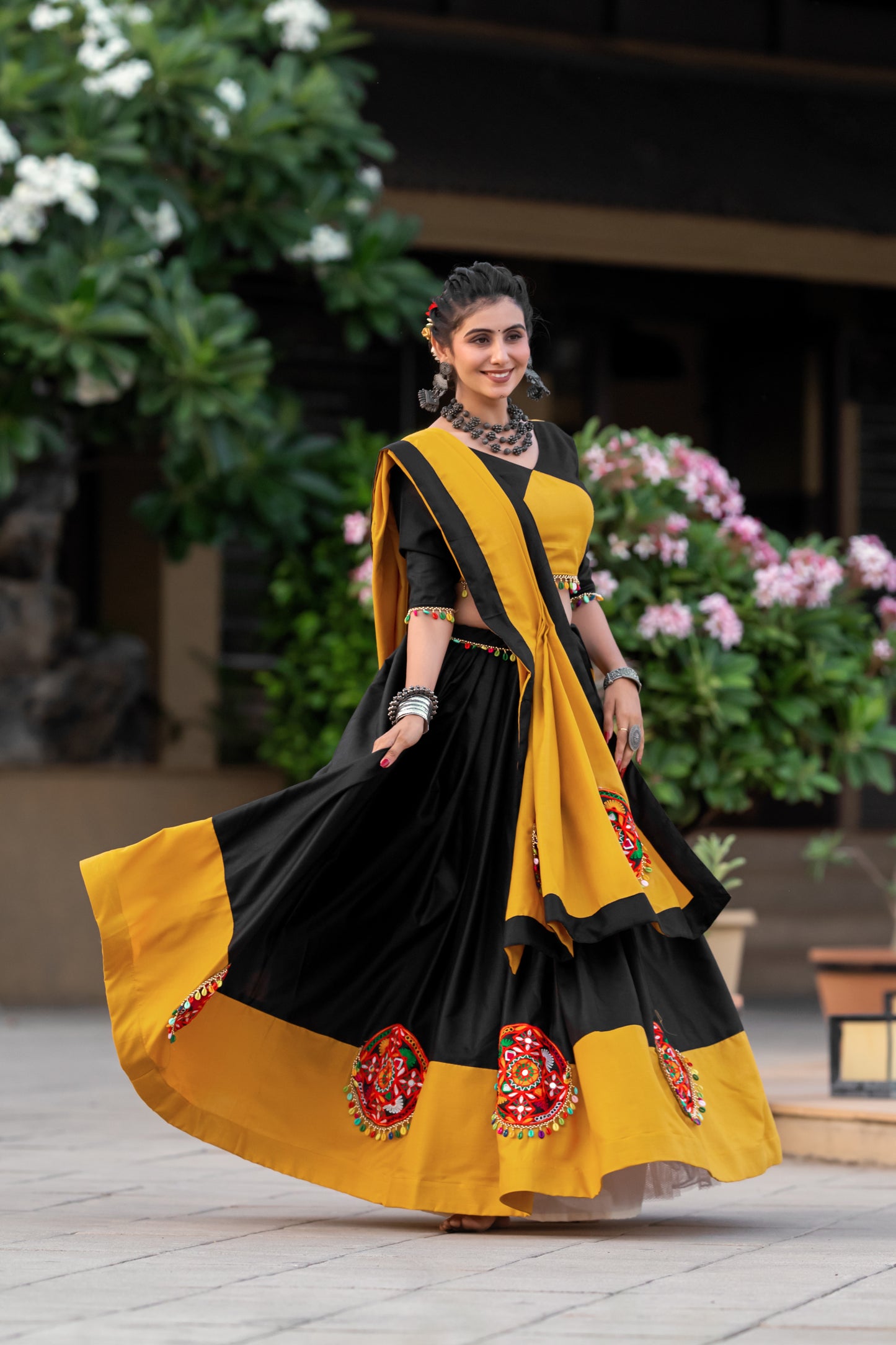 Navratri Special Black & Mustard Yellow Chaniya Choli with Mirror & Gamthi Embroidery