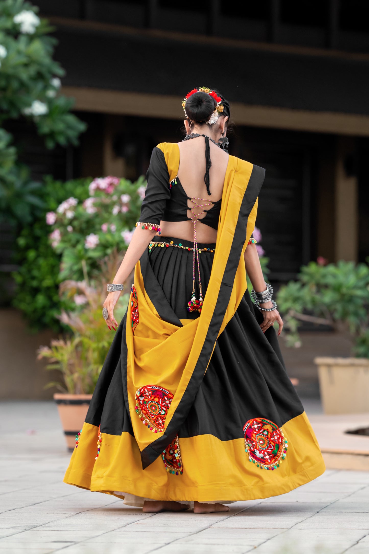 Navratri Special Black & Mustard Yellow Chaniya Choli with Mirror & Gamthi Embroidery