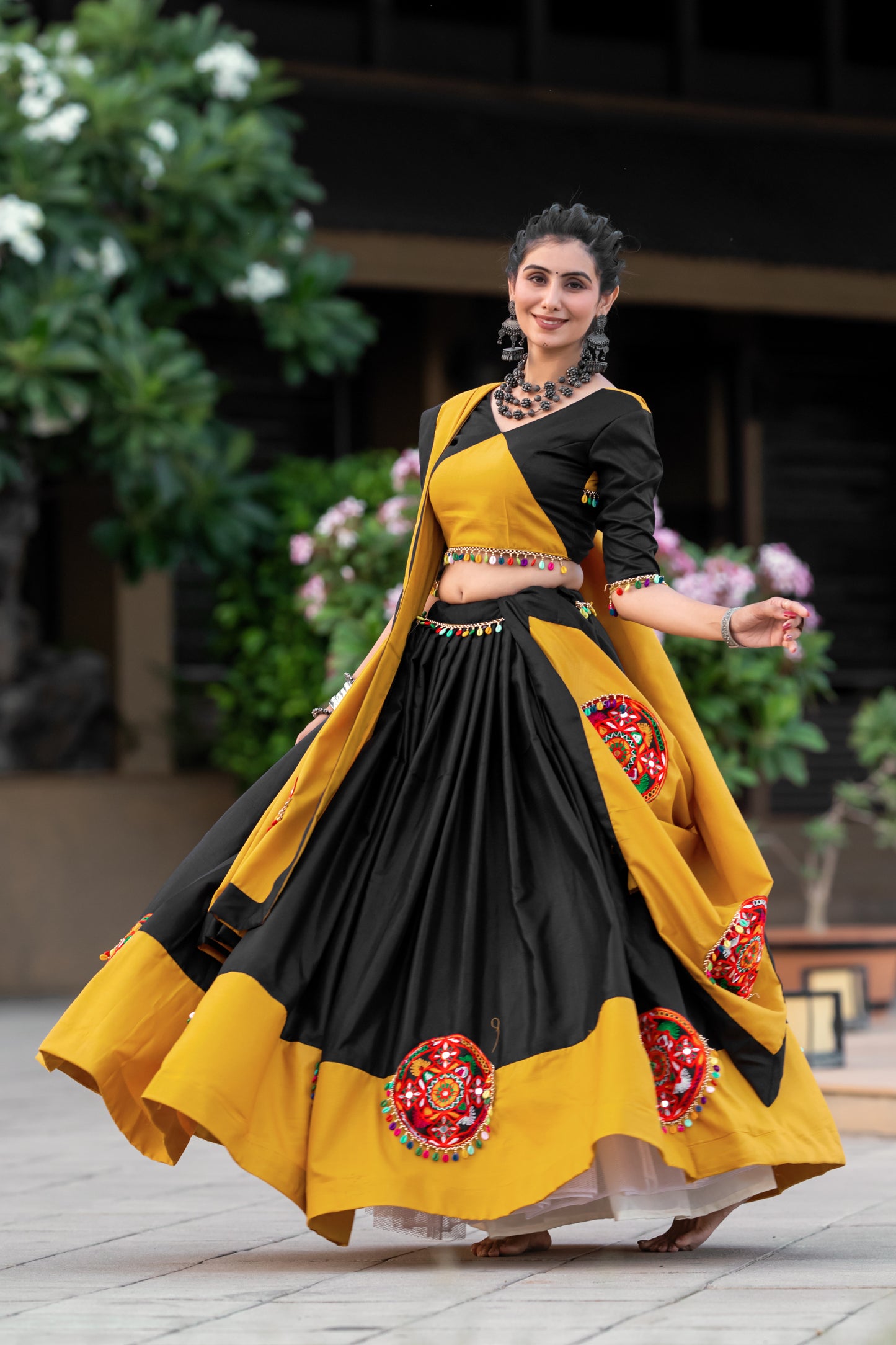 Navratri Special Black & Mustard Yellow Chaniya Choli with Mirror & Gamthi Embroidery