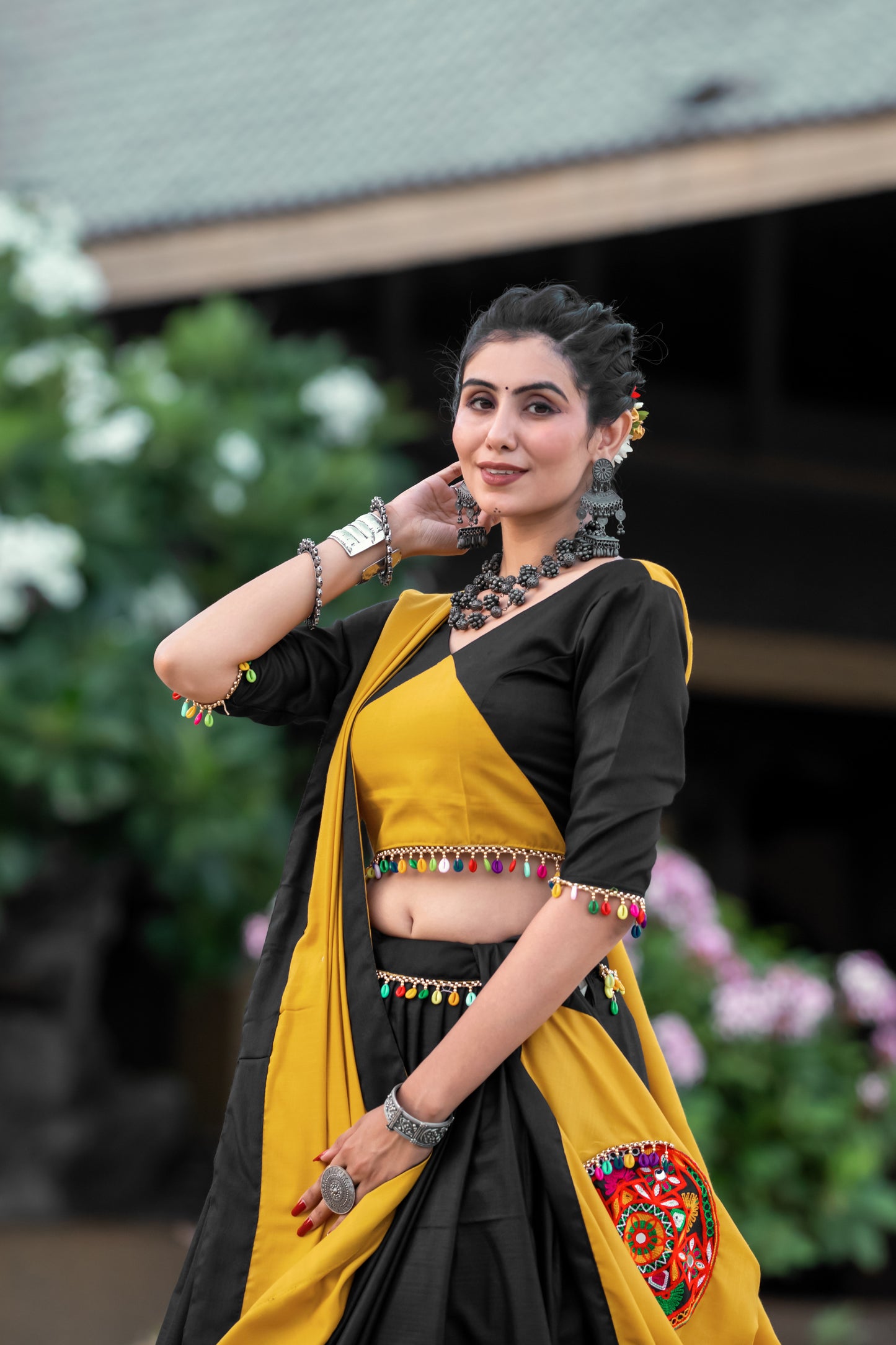 Navratri Special Black & Mustard Yellow Chaniya Choli with Mirror & Gamthi Embroidery