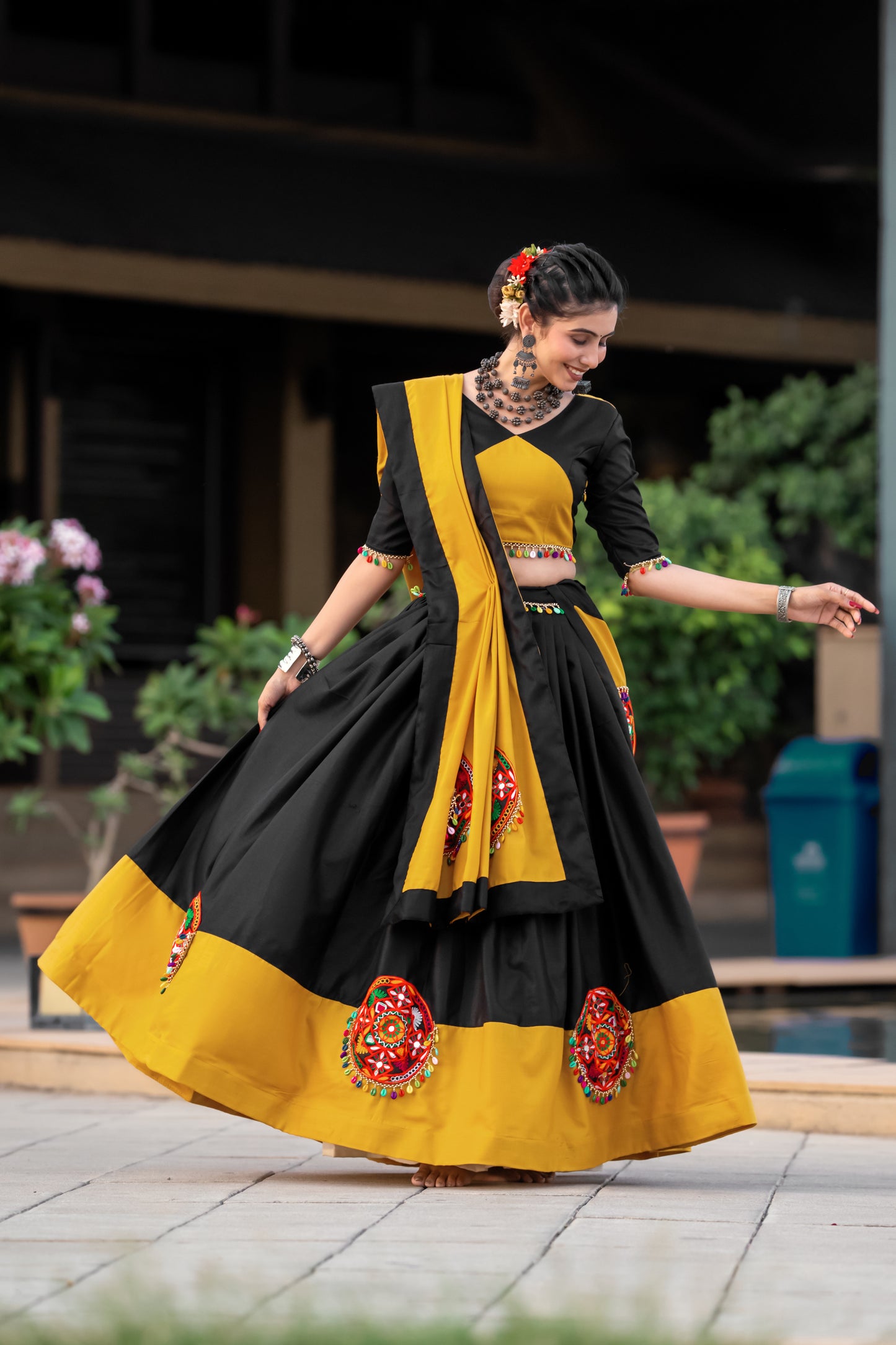 Navratri Special Black & Mustard Yellow Chaniya Choli with Mirror & Gamthi Embroidery