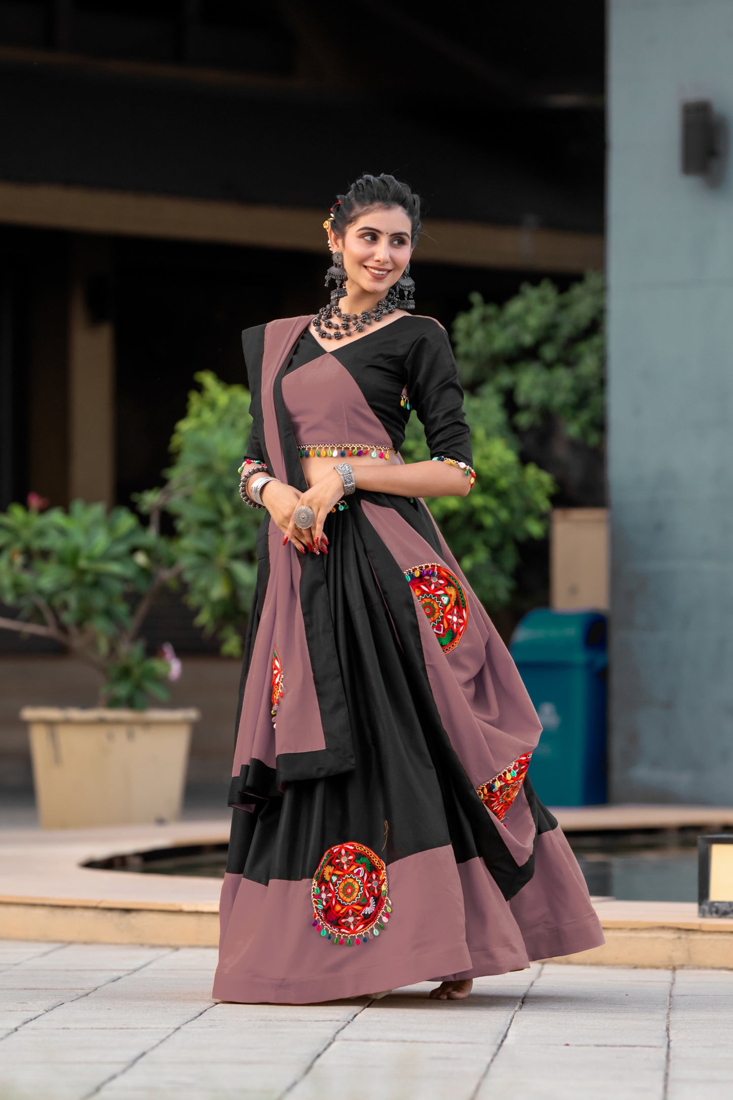Navratri Special Black-Rosy Brown Gamthi Work Cotton Chaniya Choli