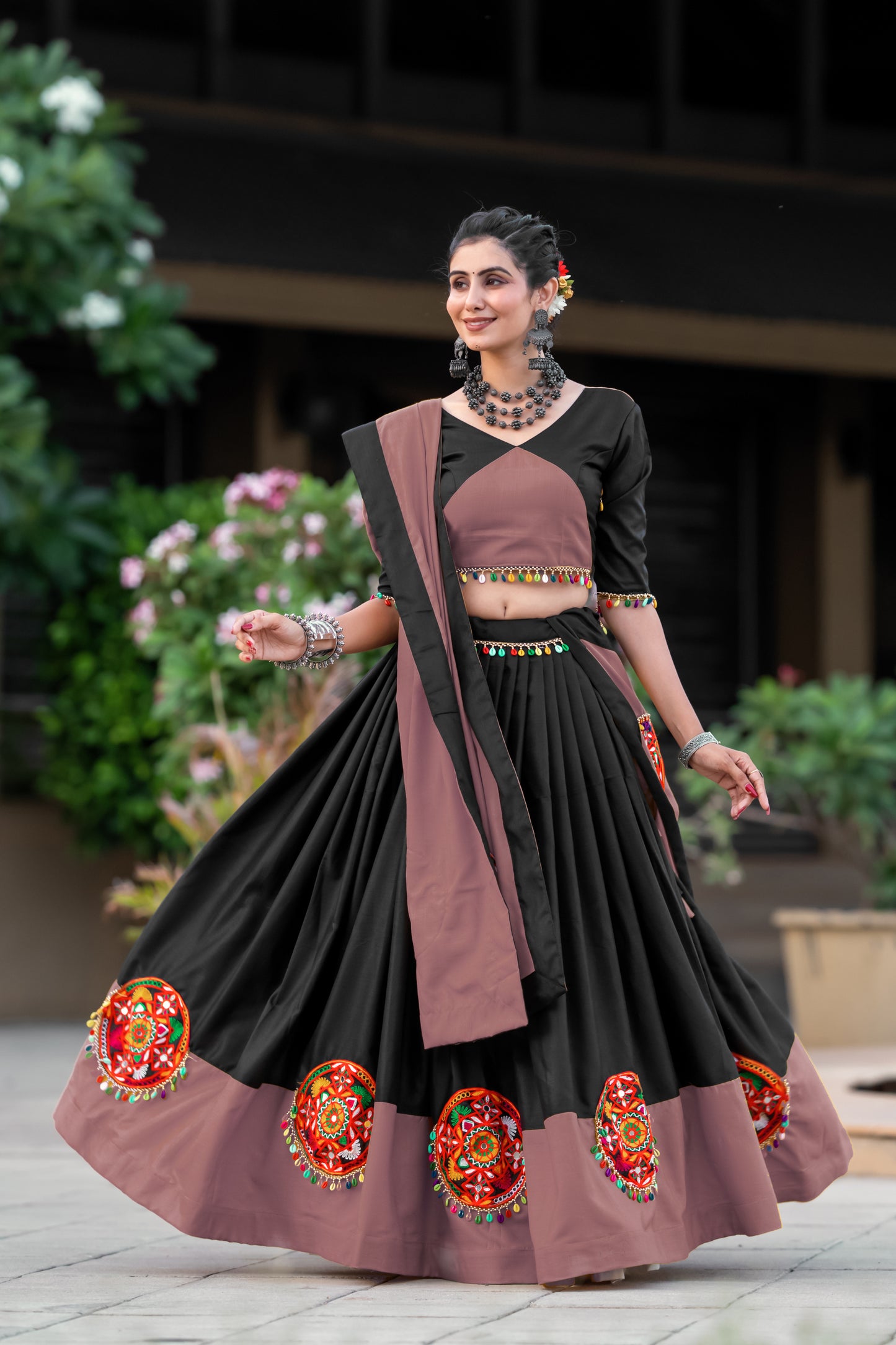 Navratri Special Black-Rosy Brown Gamthi Work Cotton Chaniya Choli