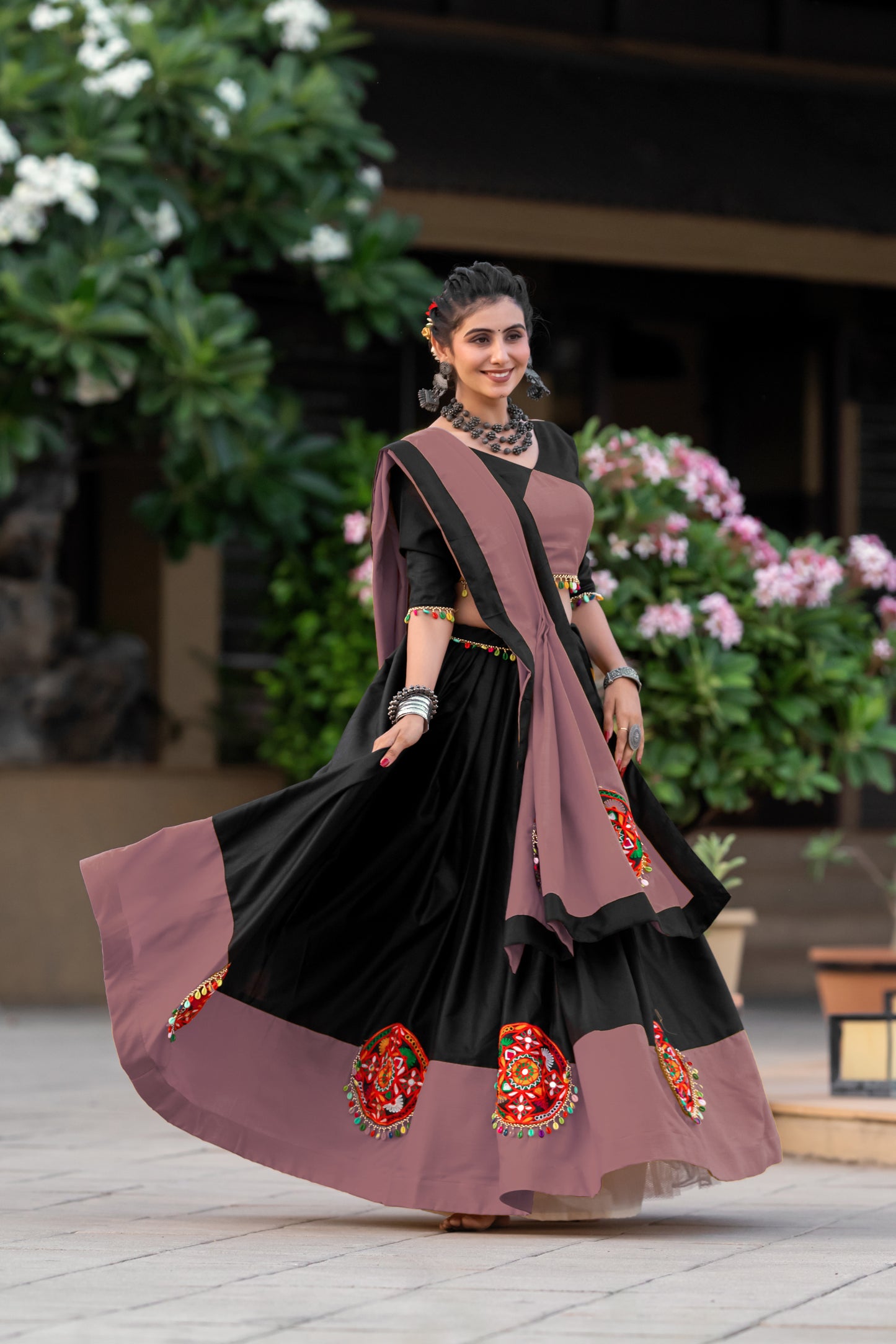 Navratri Special Black-Rosy Brown Gamthi Work Cotton Chaniya Choli