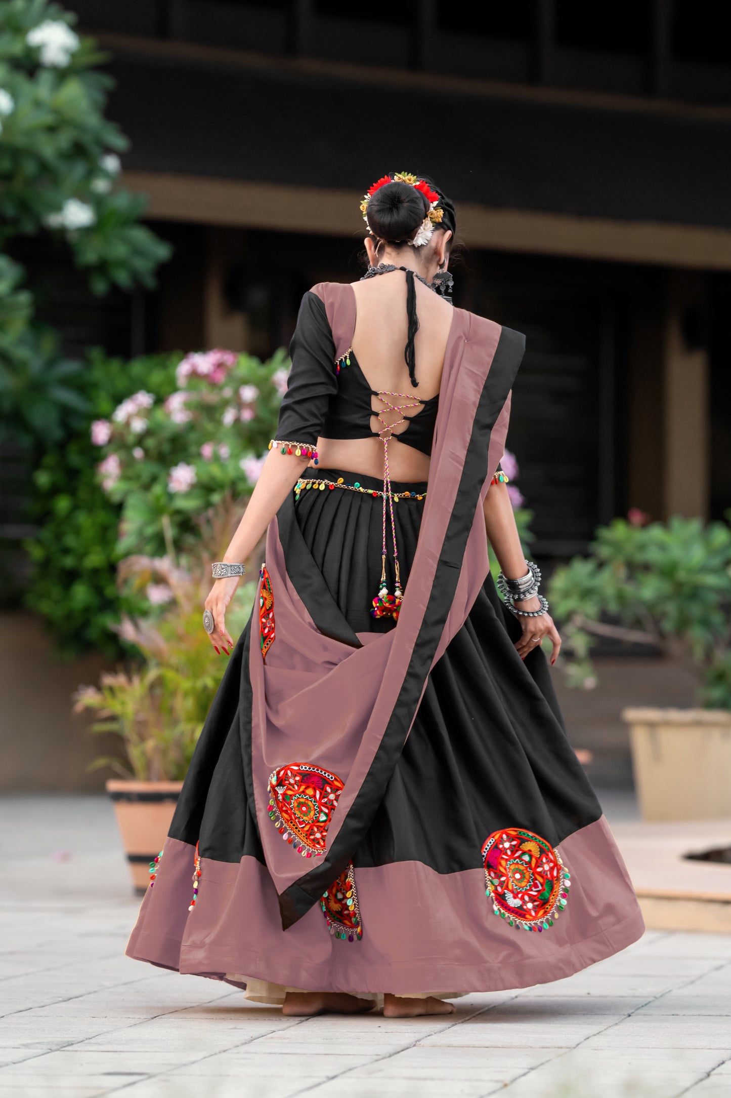 Navratri Special Black-Rosy Brown Gamthi Work Cotton Chaniya Choli