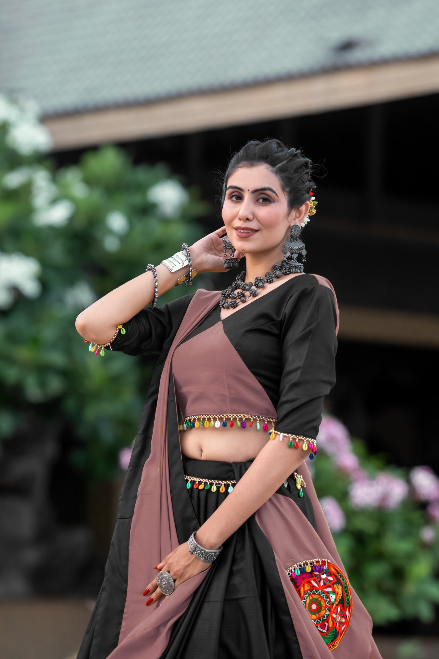 Navratri Special Black-Rosy Brown Gamthi Work Cotton Chaniya Choli
