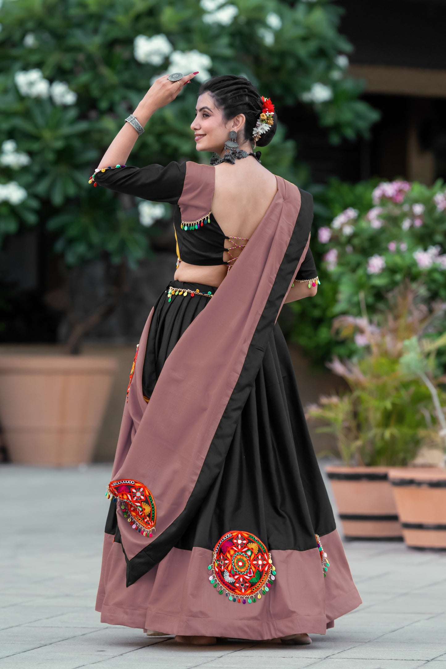 Navratri Special Black-Rosy Brown Gamthi Work Cotton Chaniya Choli