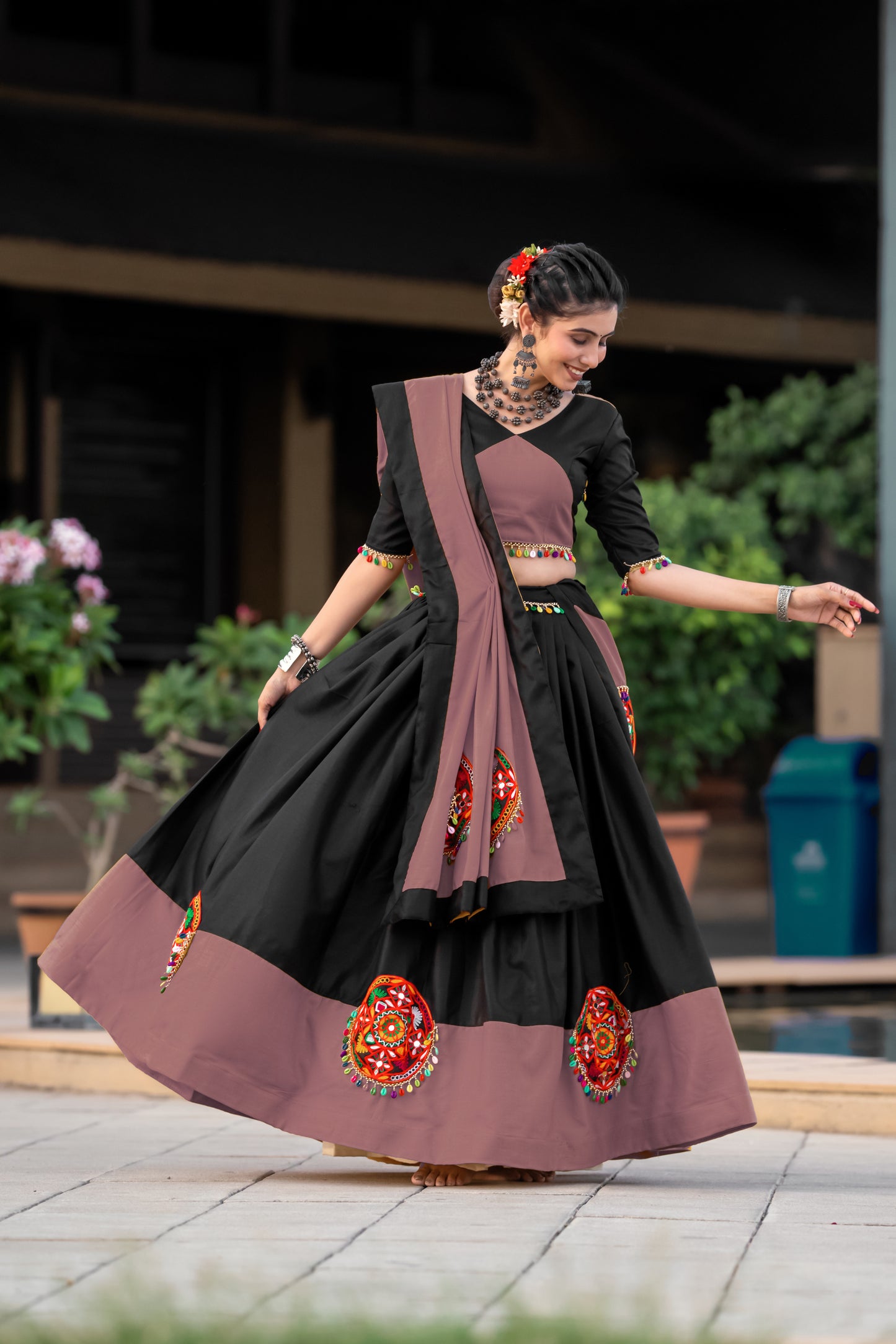 Navratri Special Black-Rosy Brown Gamthi Work Cotton Chaniya Choli