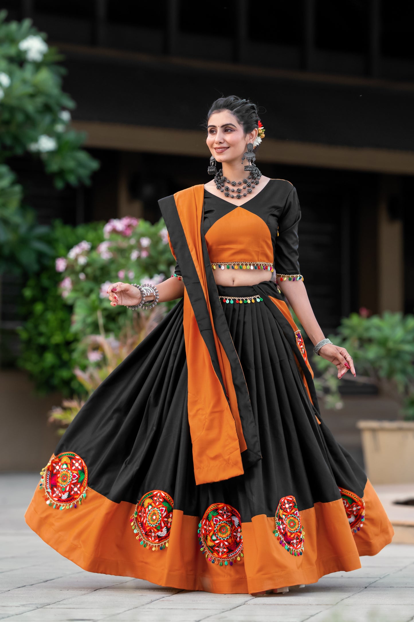 Black & Orange Cotton Navratri Chaniya Choli with Gamthi Embroidery
