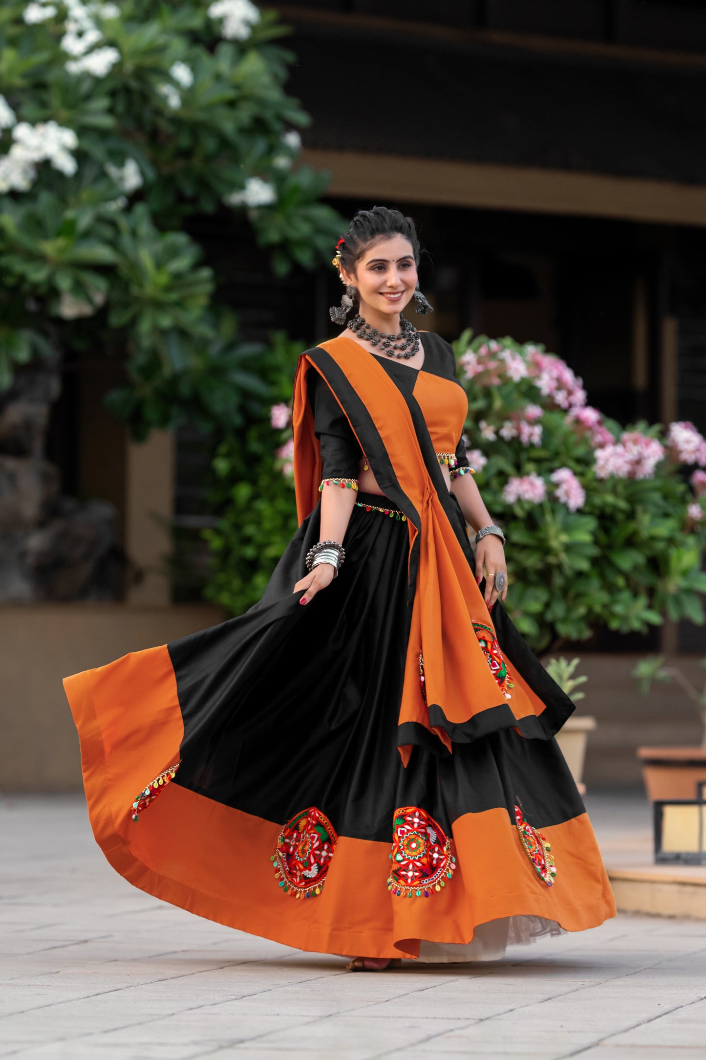 Black & Orange Cotton Navratri Chaniya Choli with Gamthi Embroidery