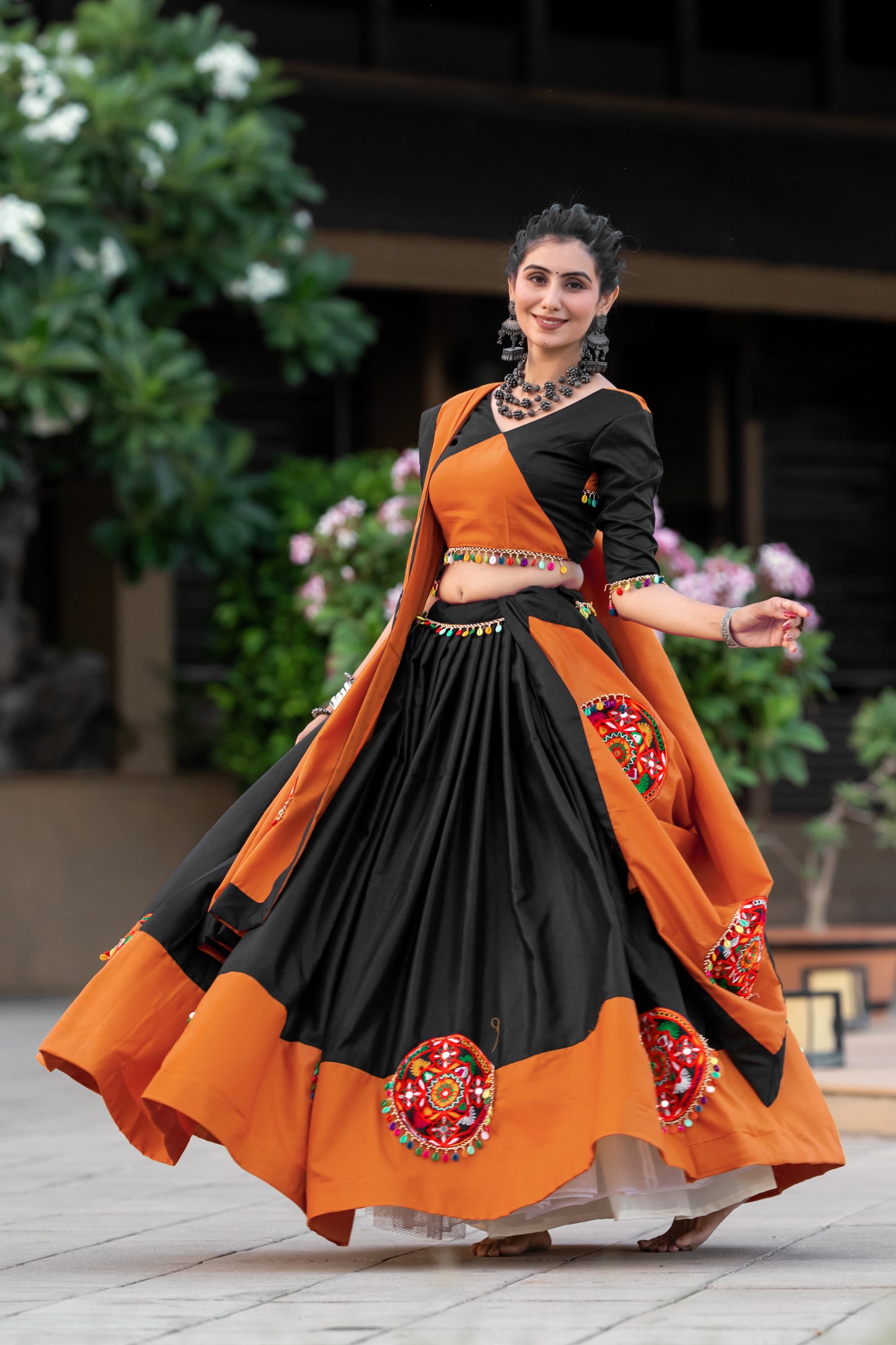 Black & Orange Cotton Navratri Chaniya Choli with Gamthi Embroidery