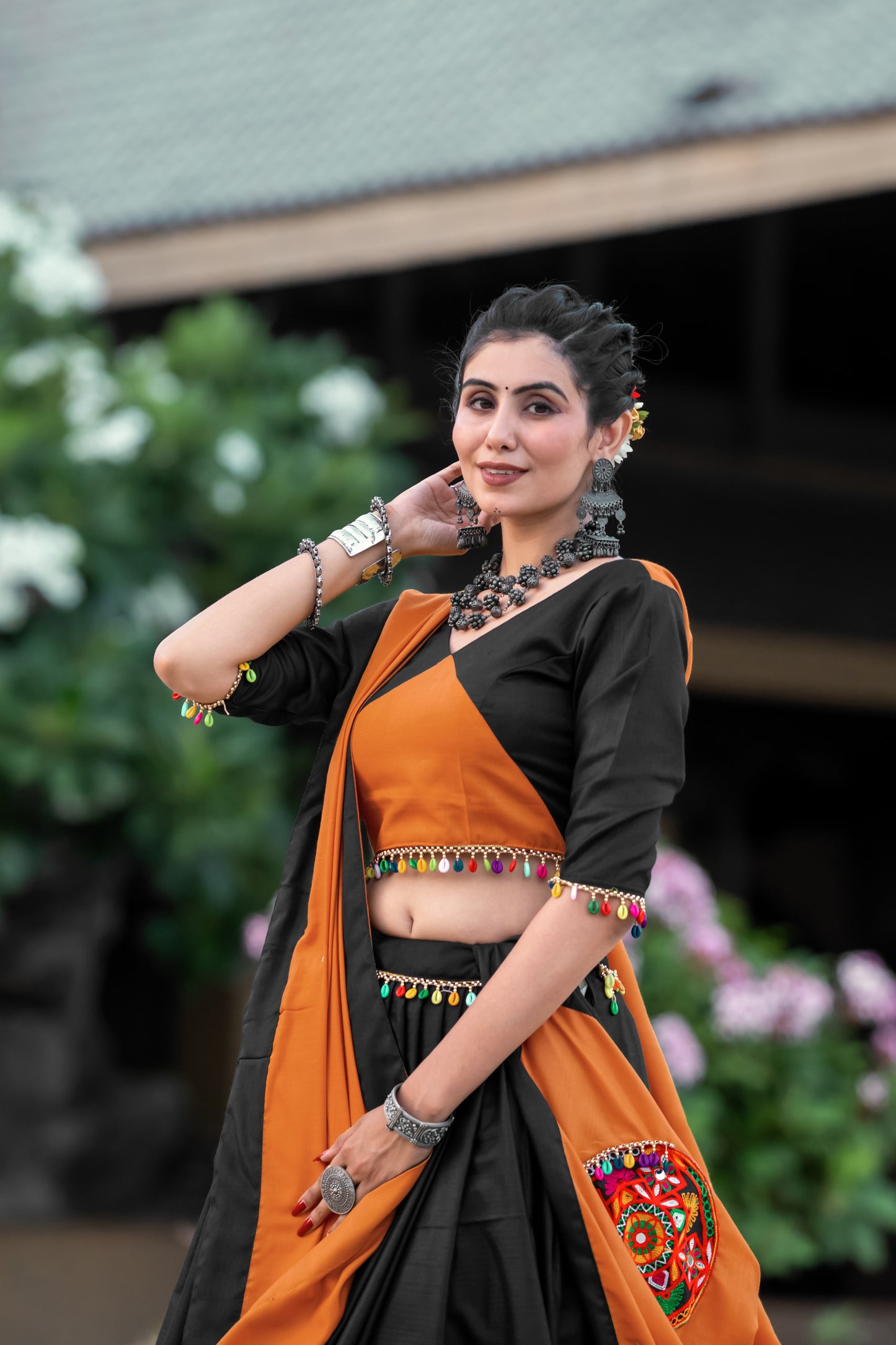 Black & Orange Cotton Navratri Chaniya Choli with Gamthi Embroidery